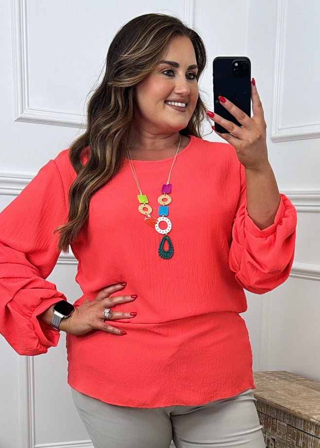 Simone Coral Ruched Sleeve Top