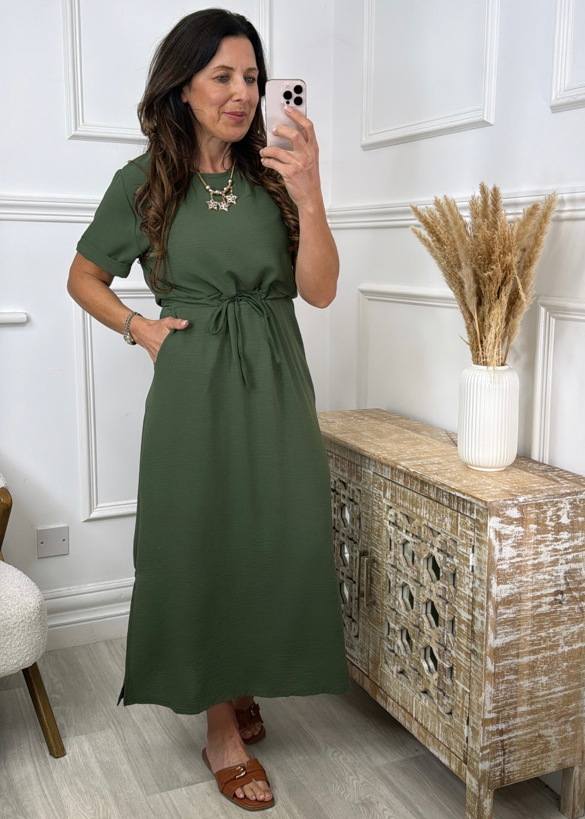 Indiana Khaki Drawstring Waist Maxi Dress – Virgo Boutique