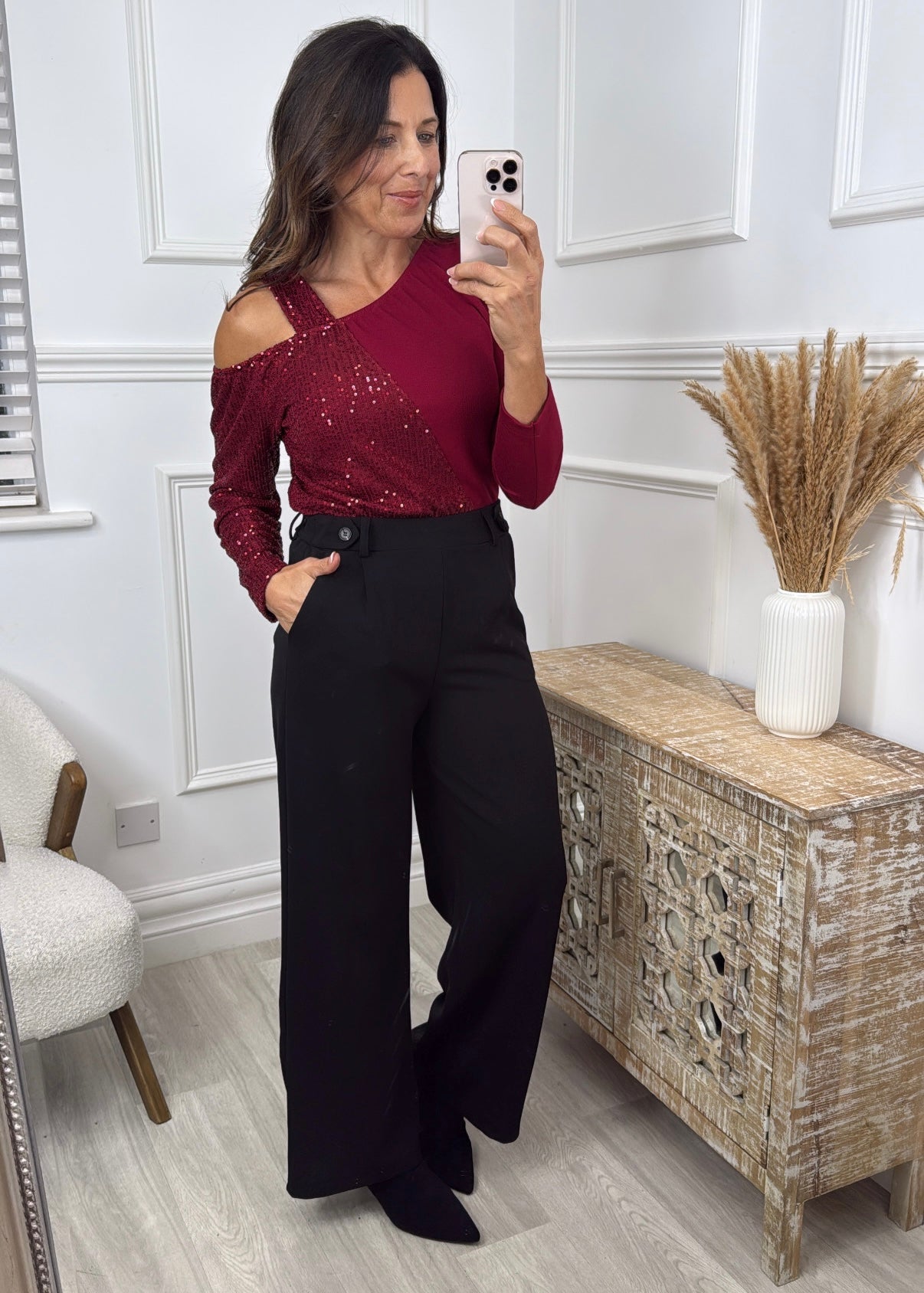 Sammy Wine Off The Shoulder Sequin Top