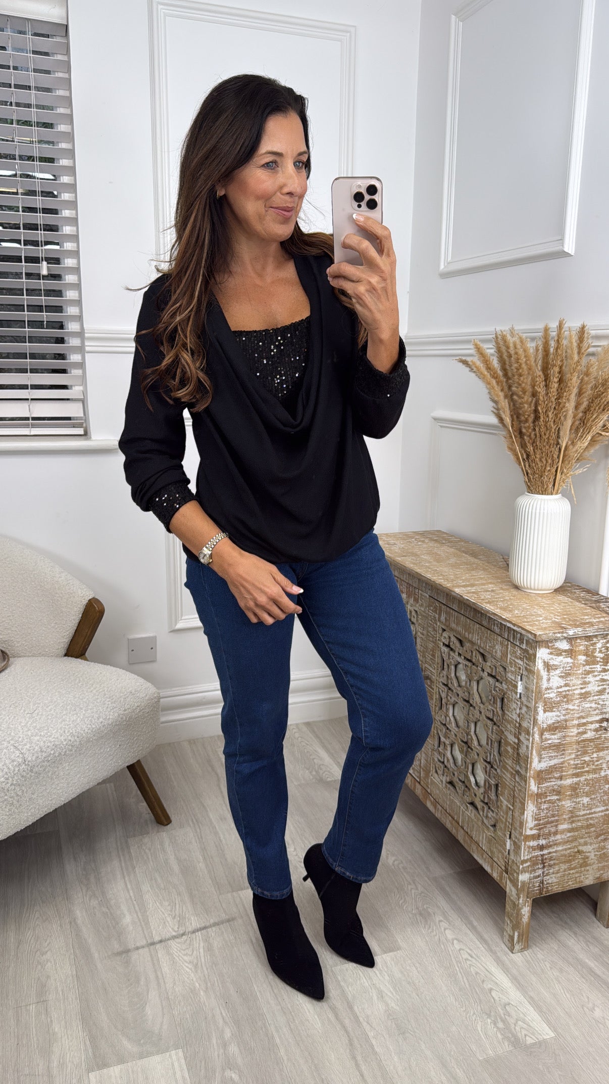 Priscilla Black Draped Neck Sequin Blouse