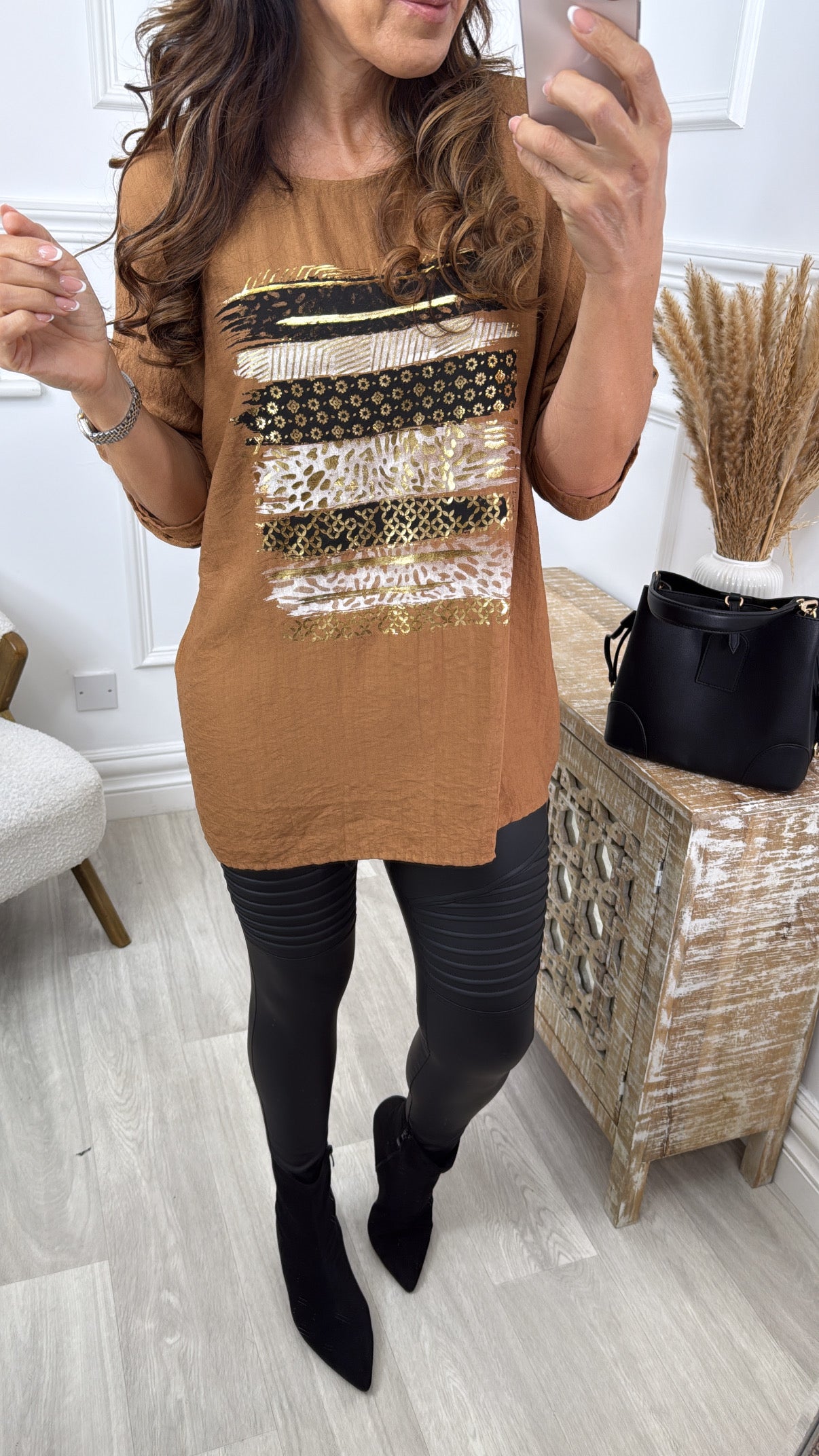 Sabrina Brown Foil Print Top