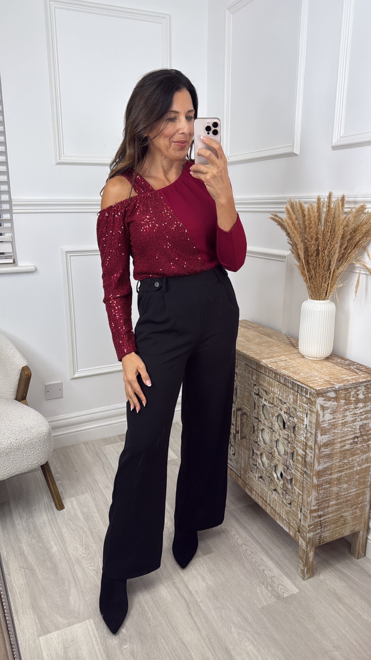 Sammy Wine Off The Shoulder Sequin Top