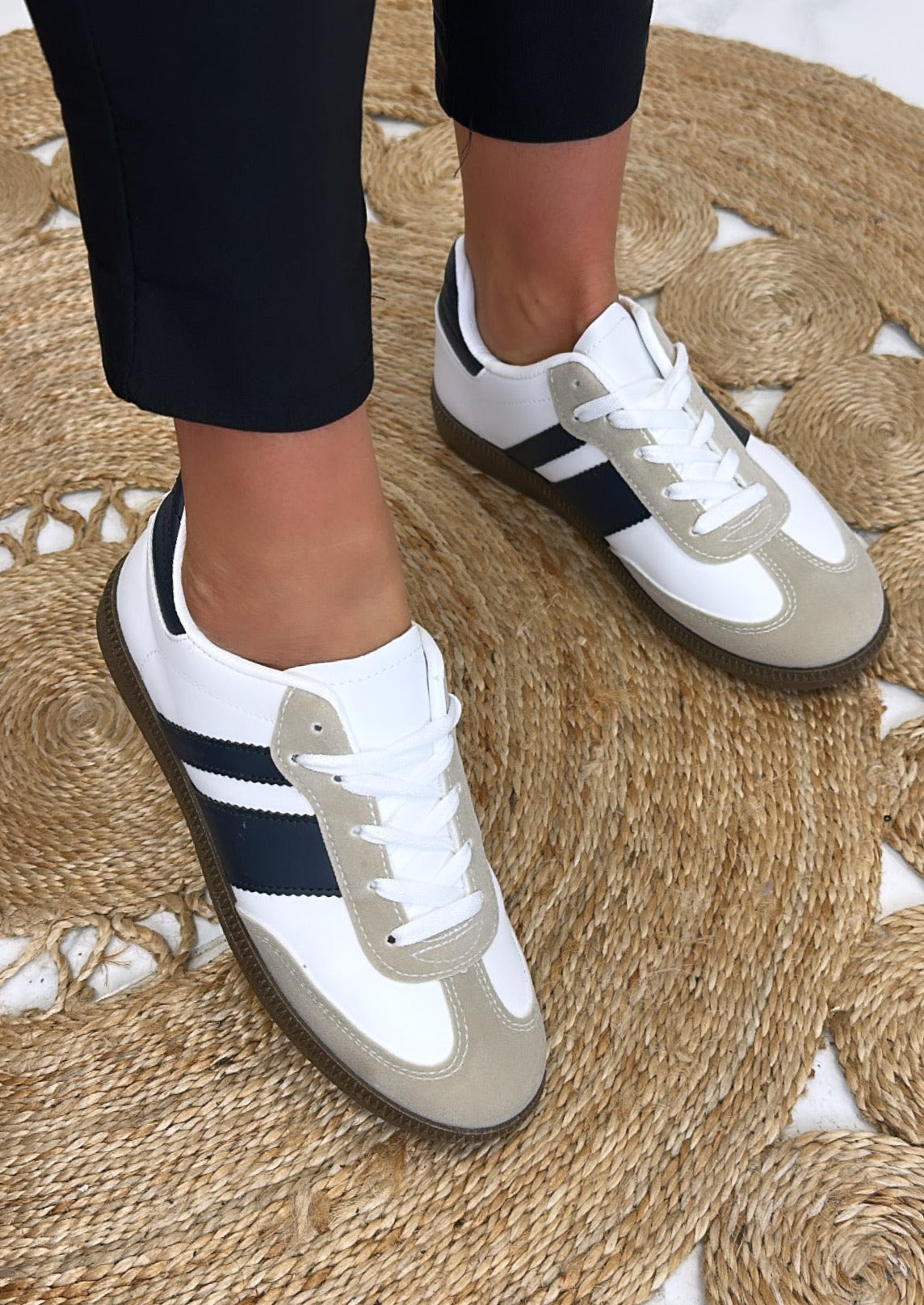 Larsa White/Navy Lace Up Sneakers