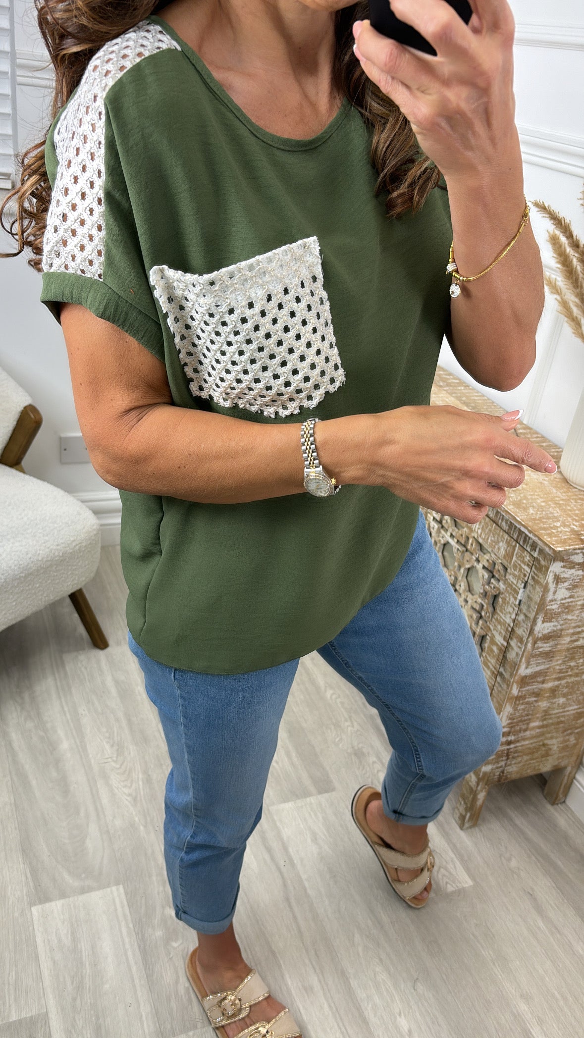 Neasa Khaki Crochet Detail Top