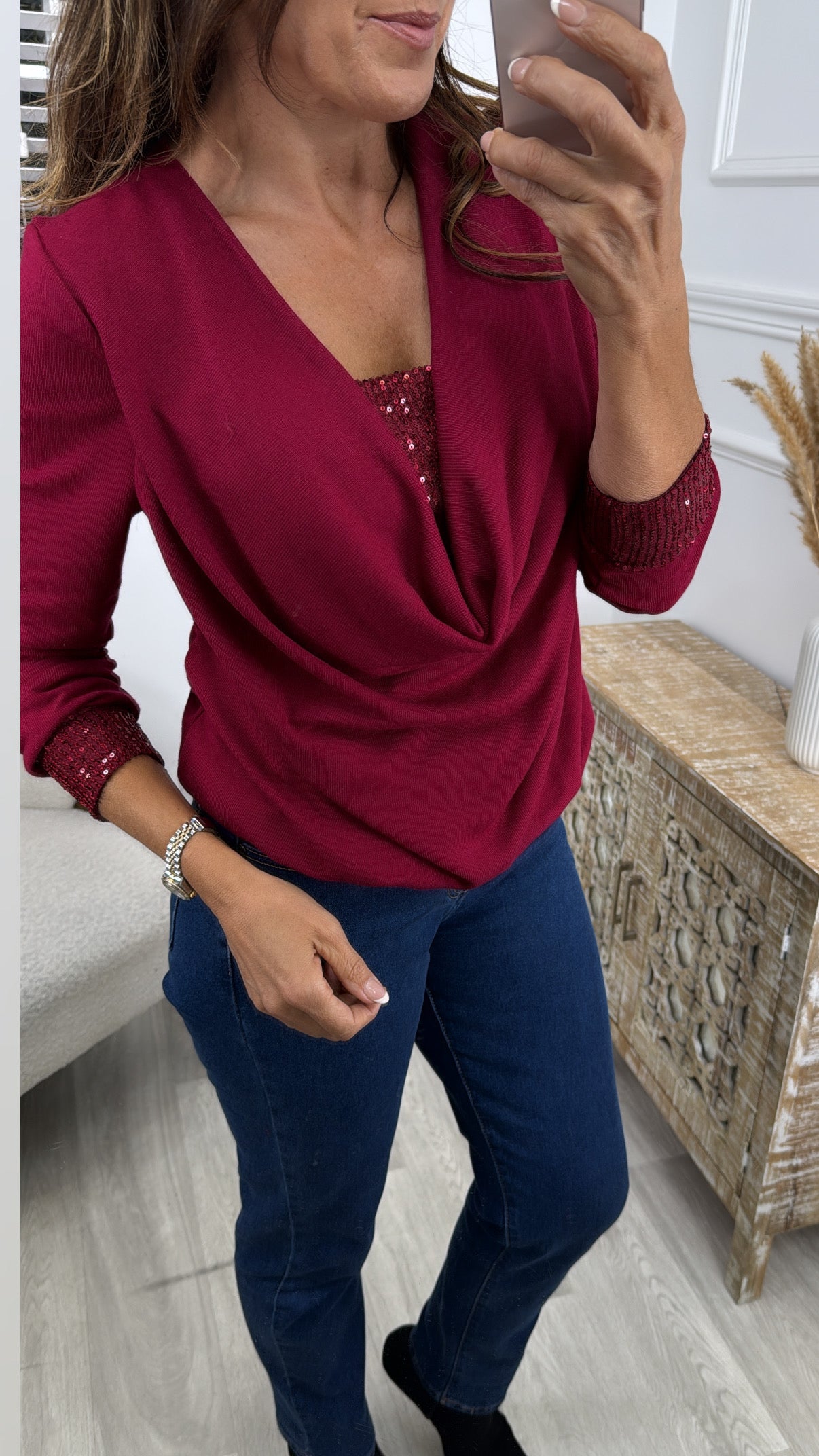 Priscilla Wine Draped Neck Sequin Blouse