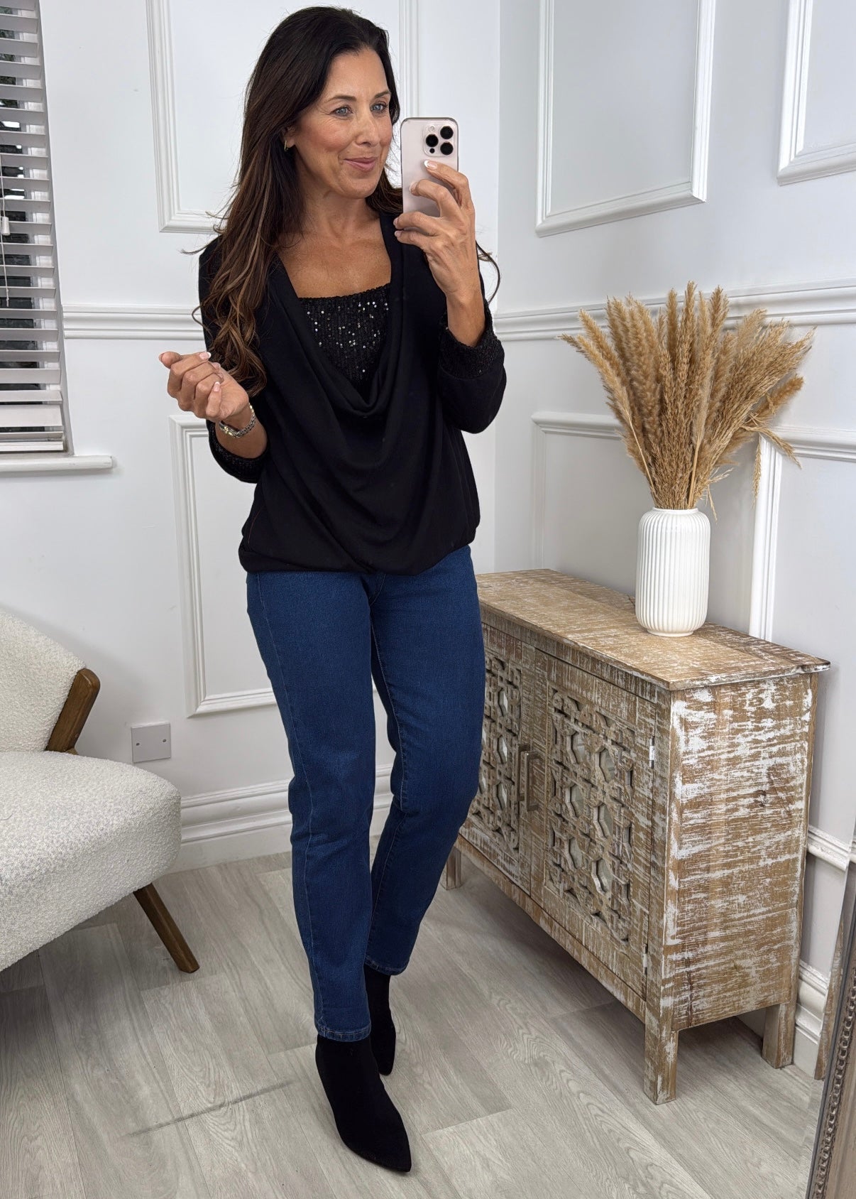 Priscilla Black Draped Neck Sequin Blouse