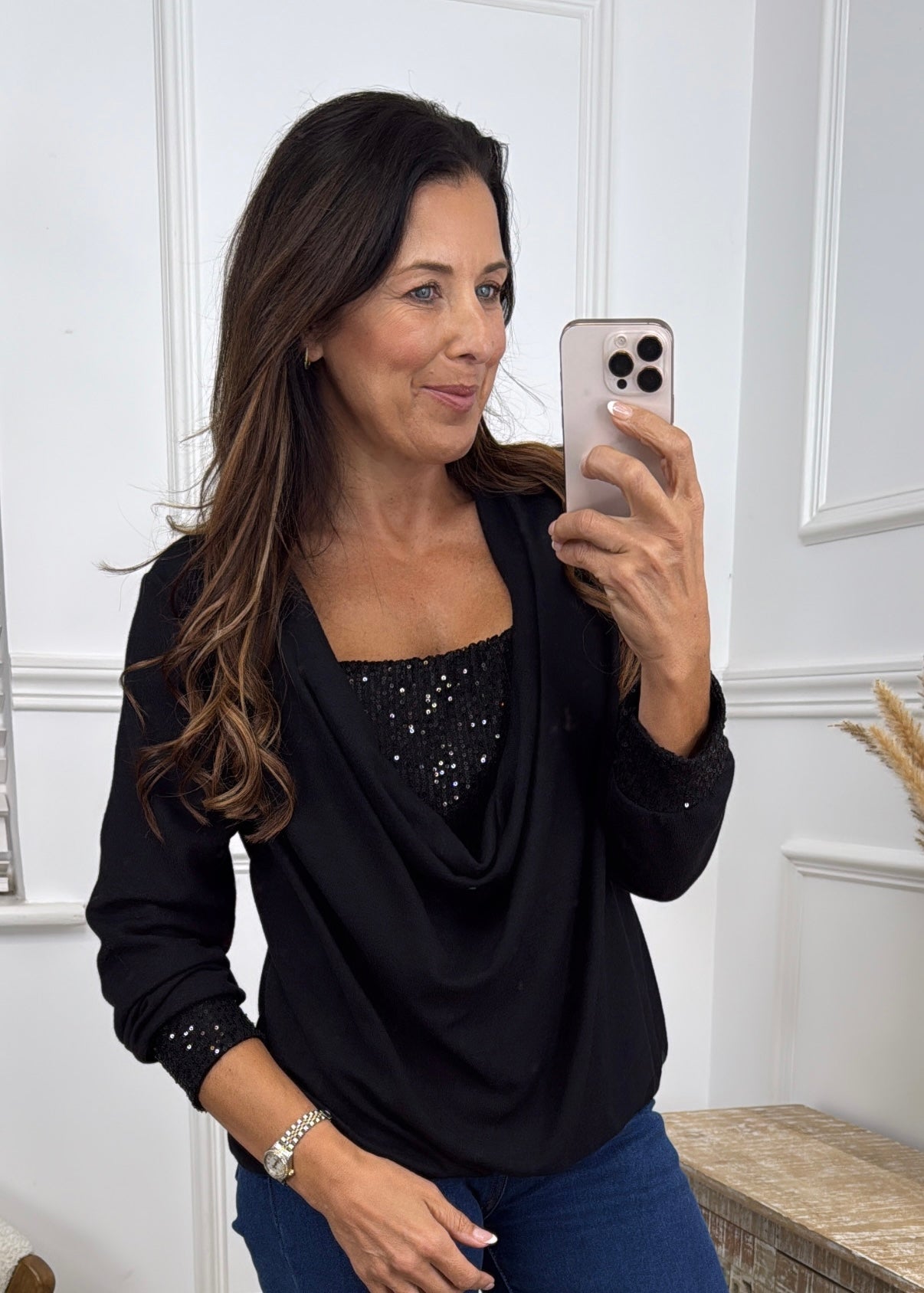 Priscilla Black Draped Neck Sequin Blouse