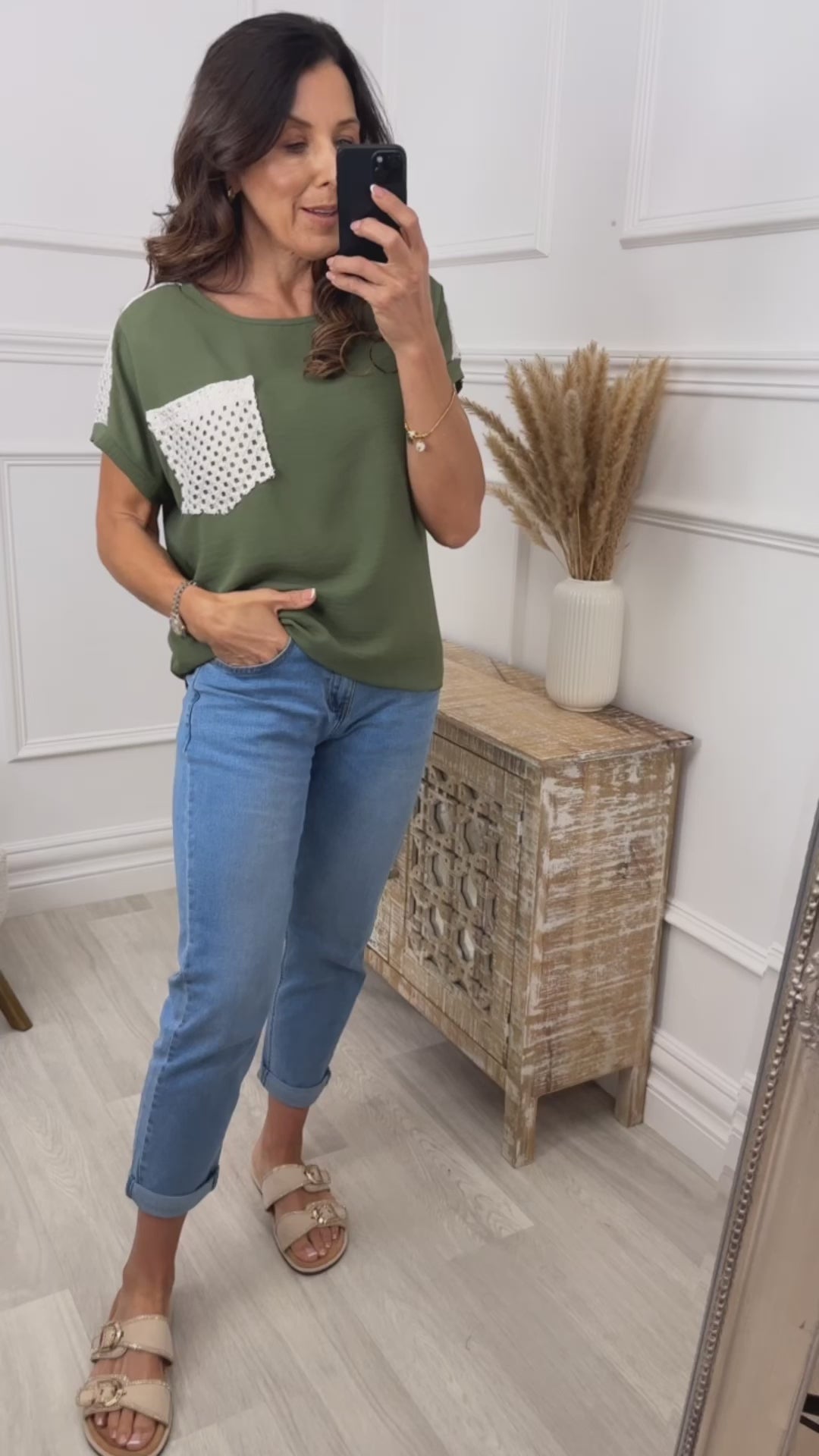 Neasa Khaki Crochet Detail Top