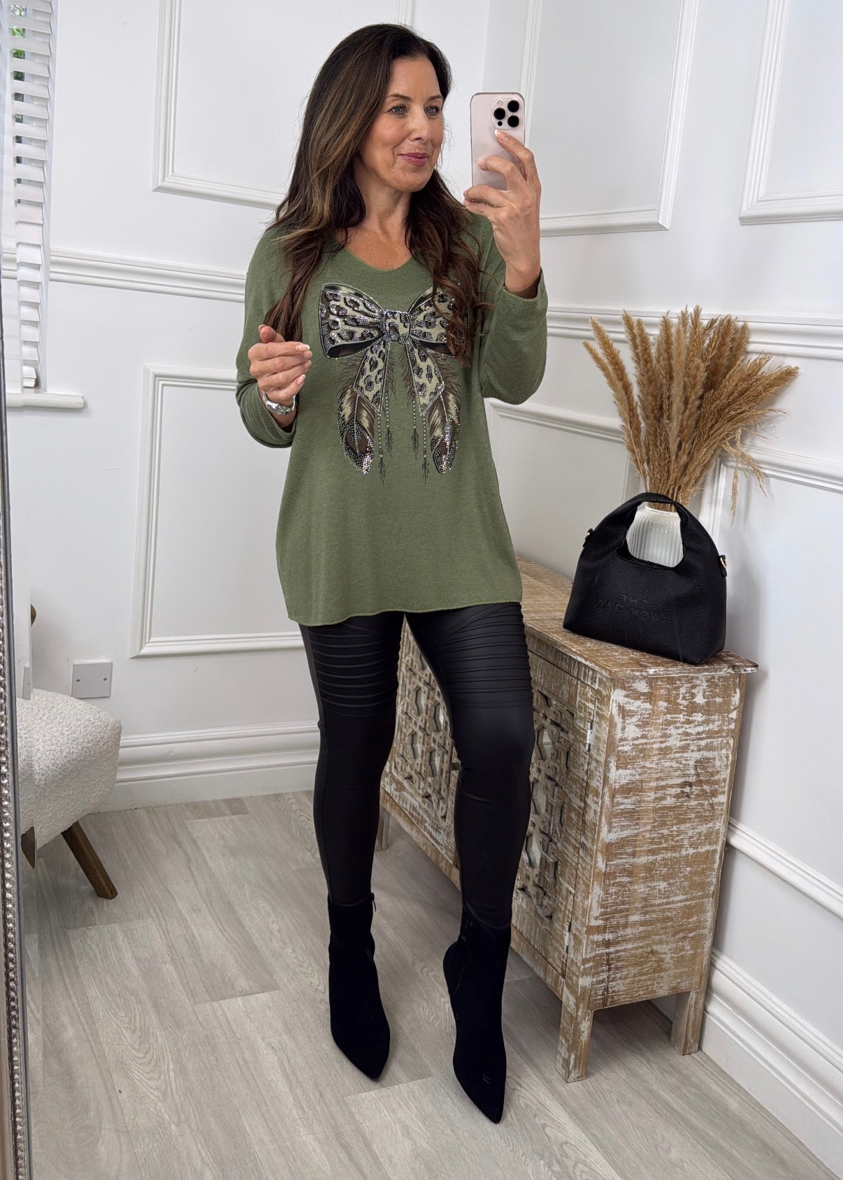 Barbara Khaki Leopard Bow Design Knit