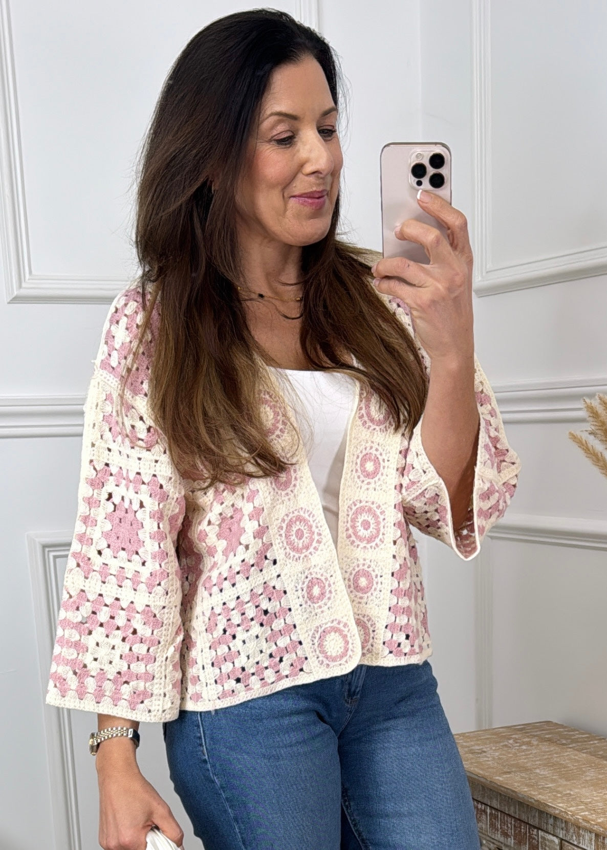 Avril Pink Crochet Knit Cardigan