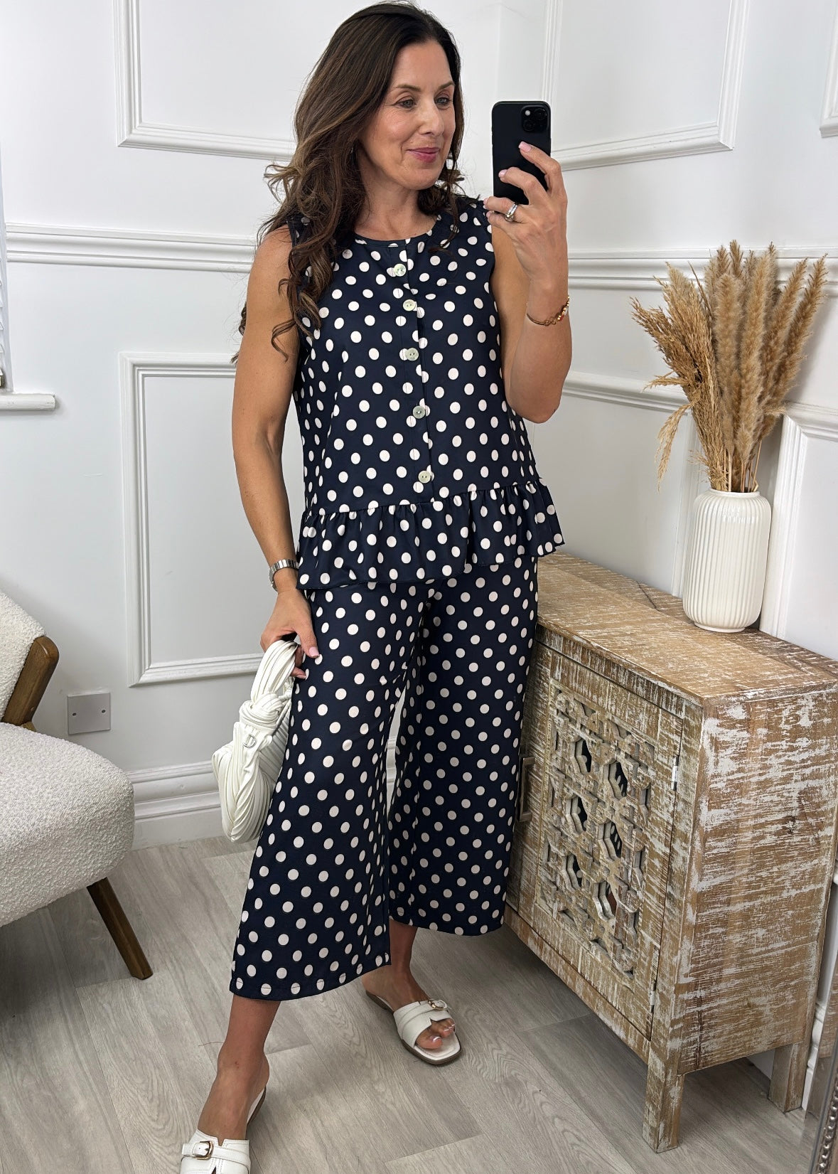 Olivia Navy Polka Frill Hem Top Set