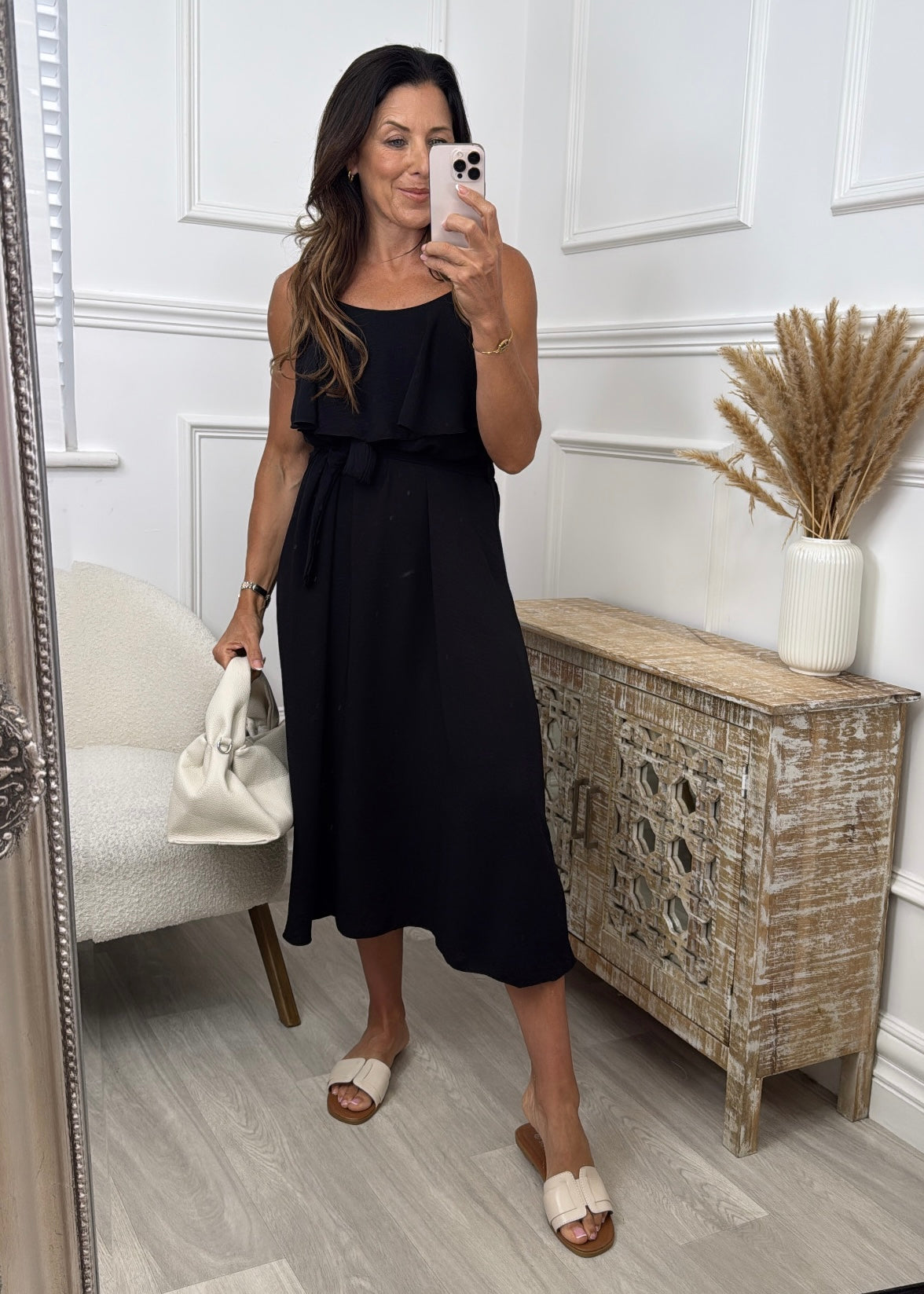Gillian Black Ruffle Overlay Cami Dress