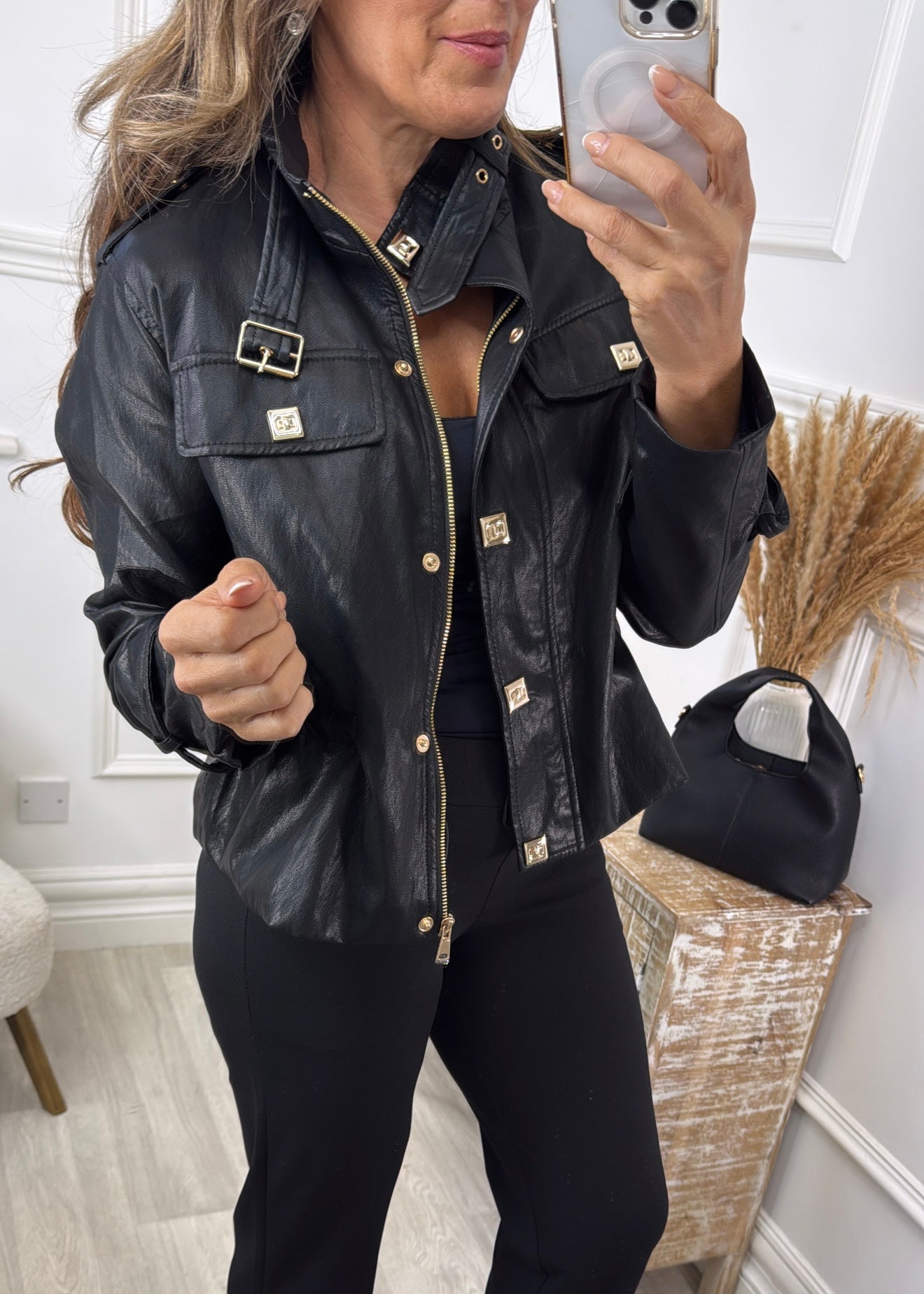 Sloane Black Pleather Jacket with Gold Buttons