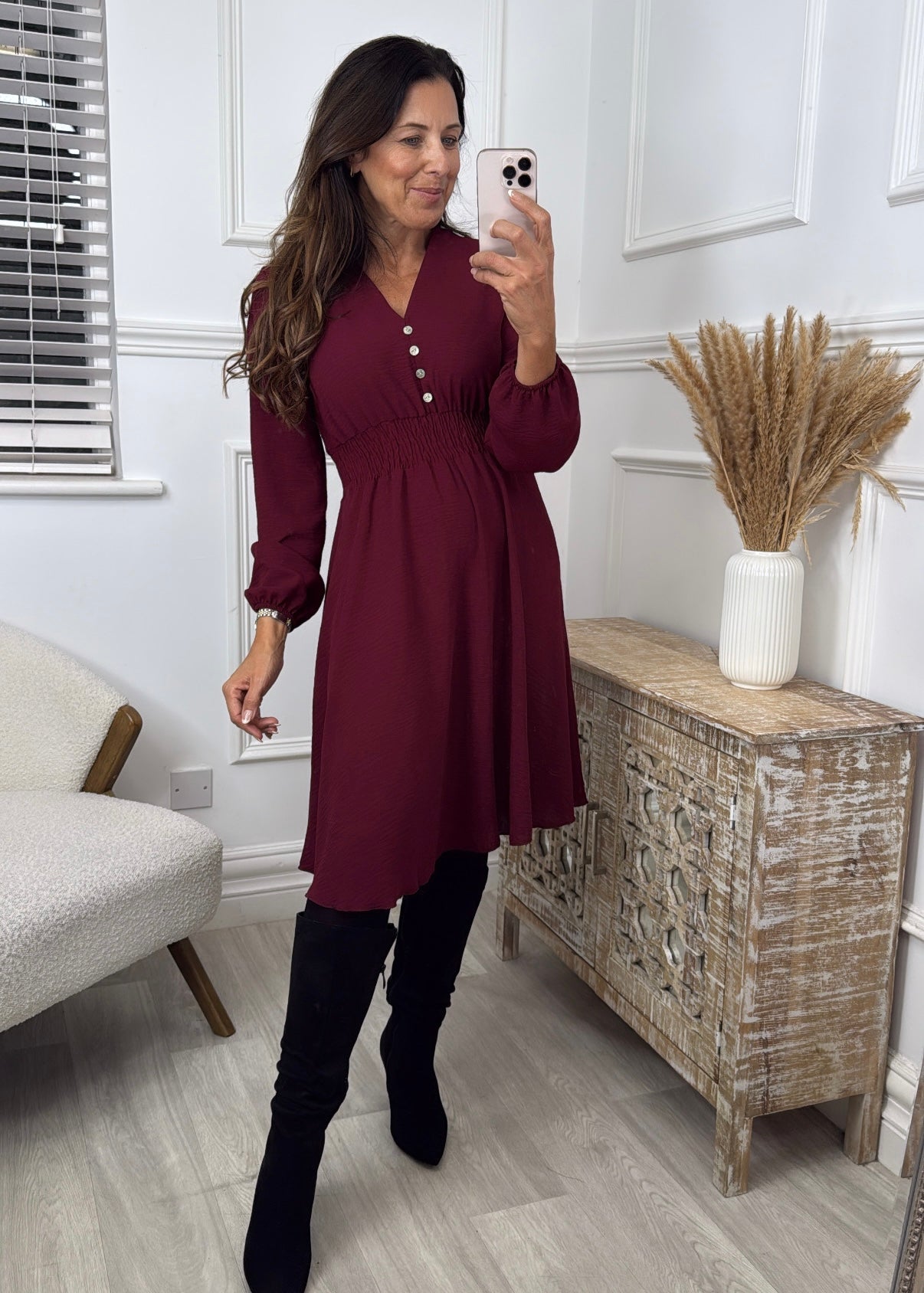Melinda Wine Shirred Waist Dress