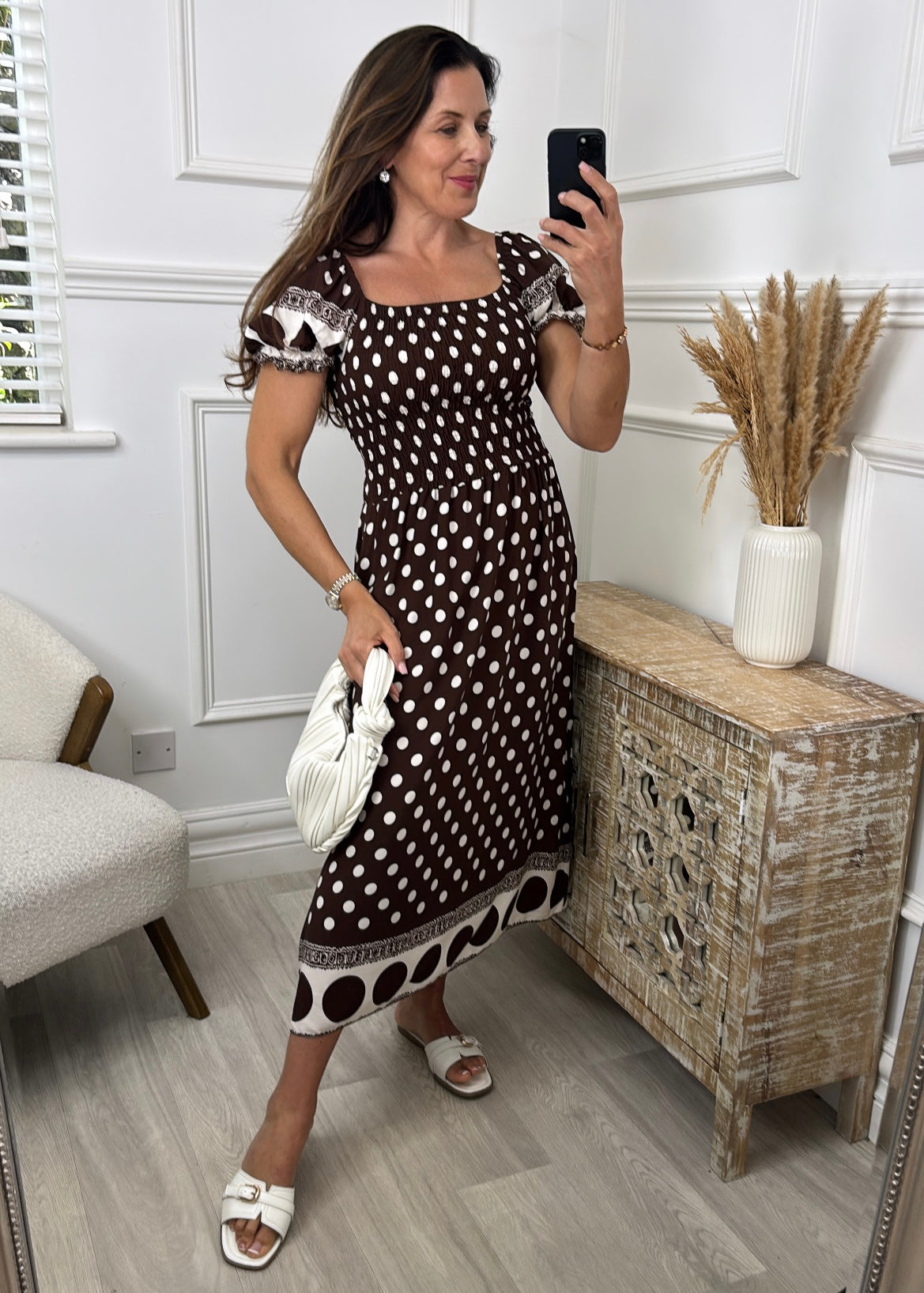 Marisse Brown Polka Dot Midi Dress
