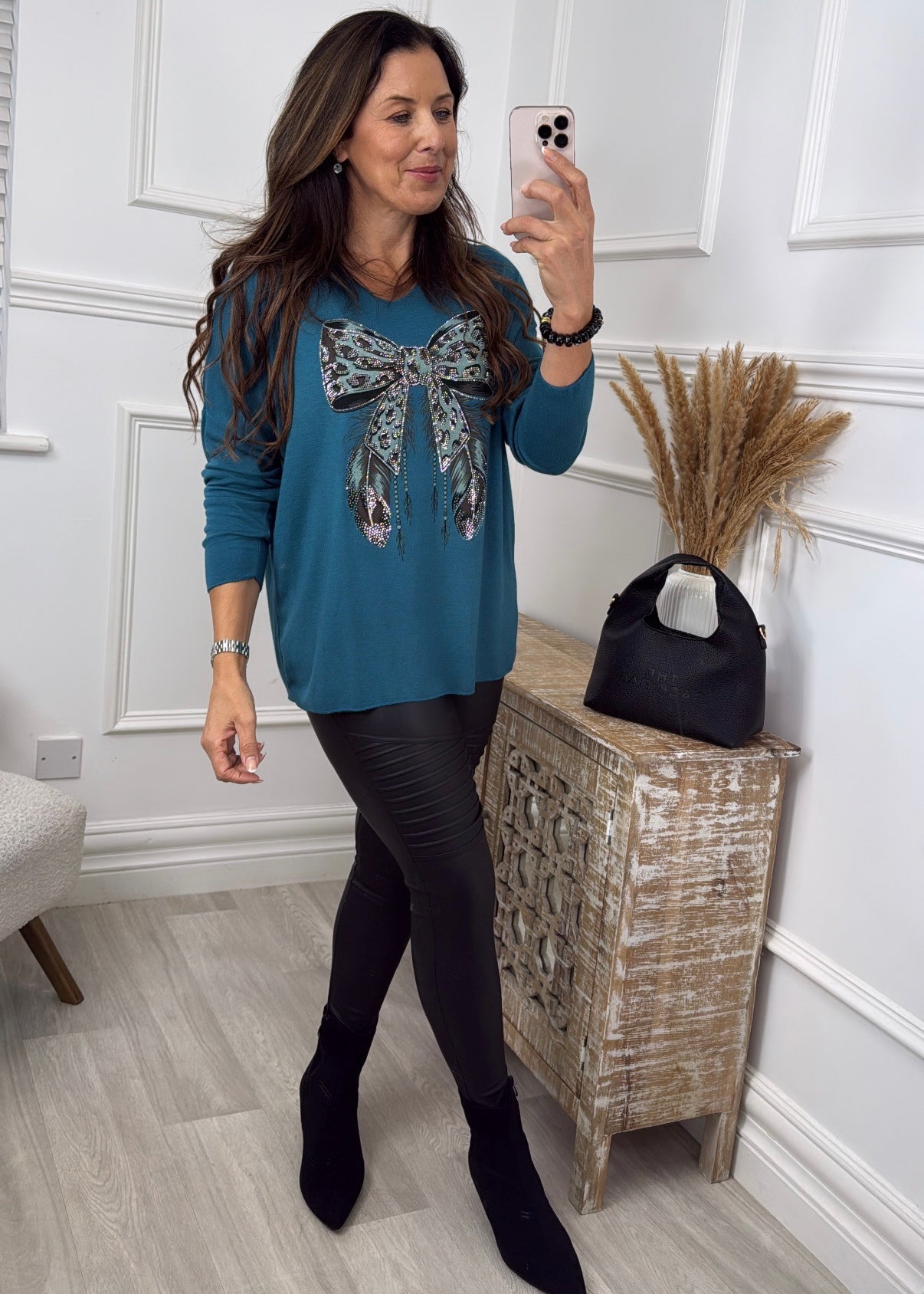 Barbara Teal Leopard Bow Design Knit