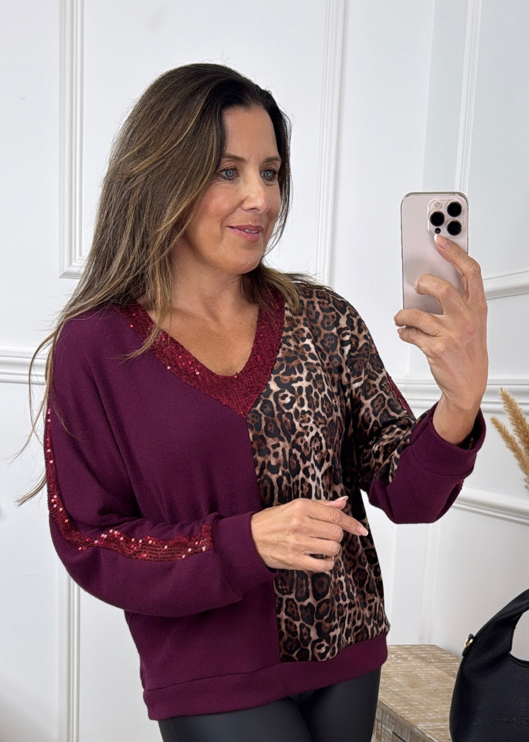 Erin Wine V-Neck Leopard Top