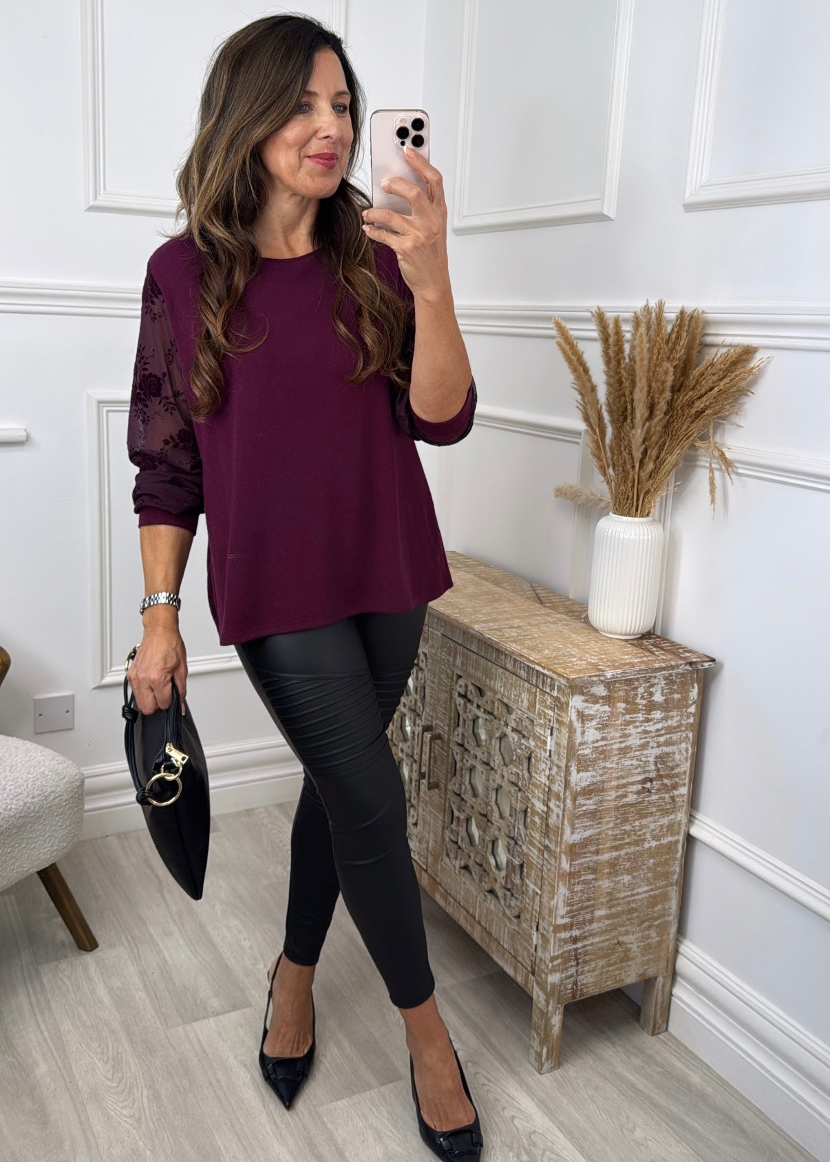 Shellie Wine Applique Sleeve Top