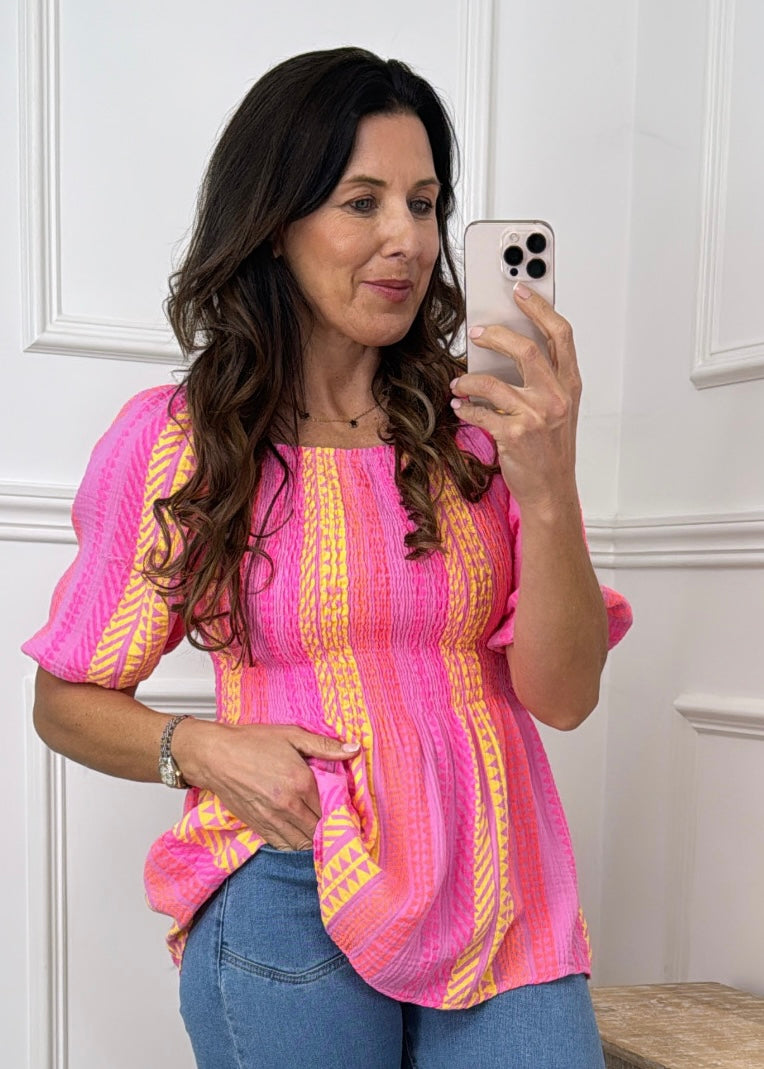 Mathea Pink Tribal Stripe Puff Sleeve Blouse