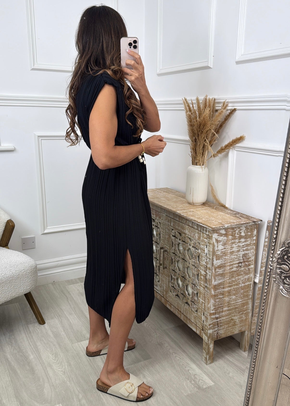 Shelly Black Pleated Midi Dress