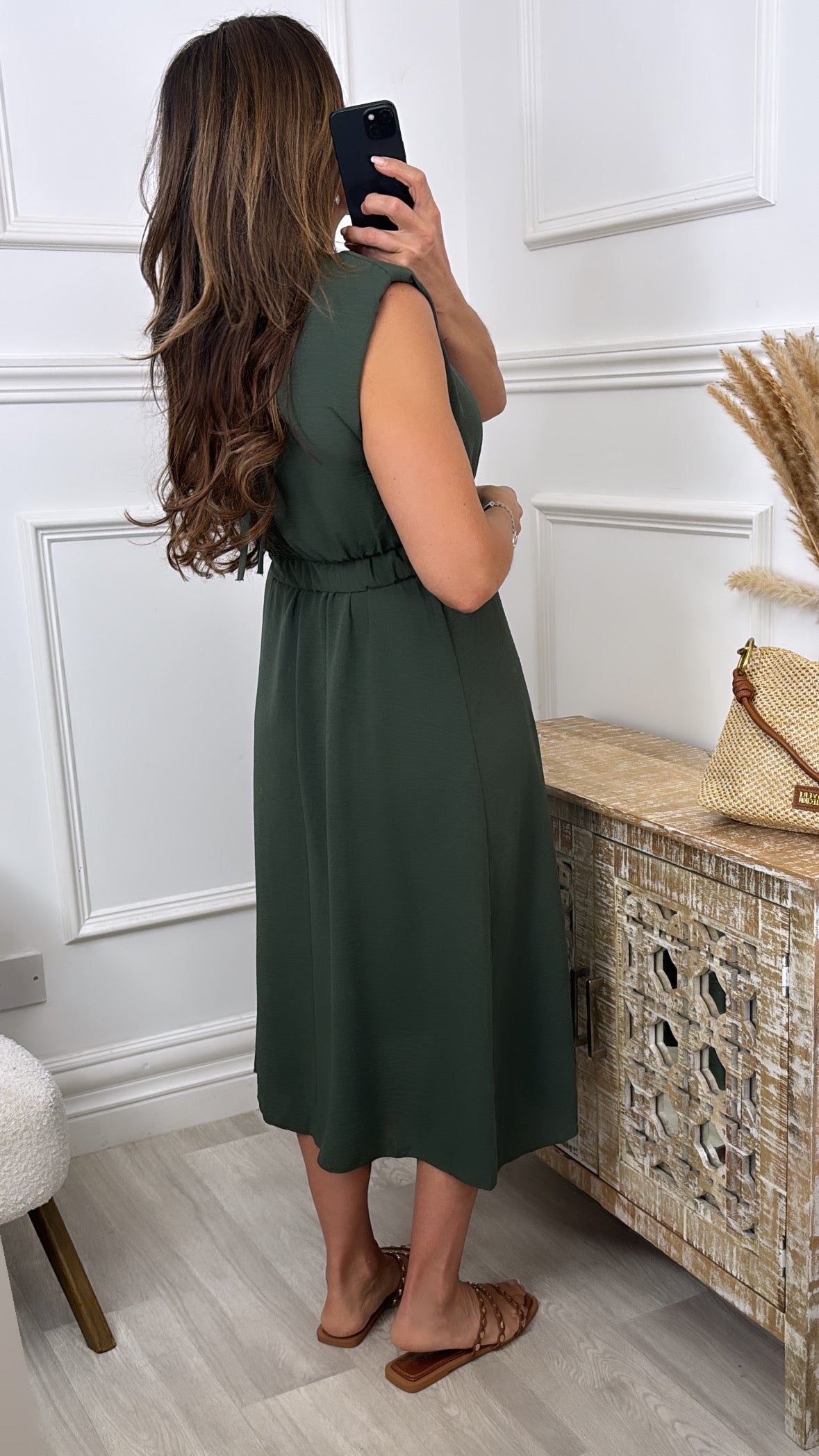 Rhonda Khaki Shoulder Pad Dress