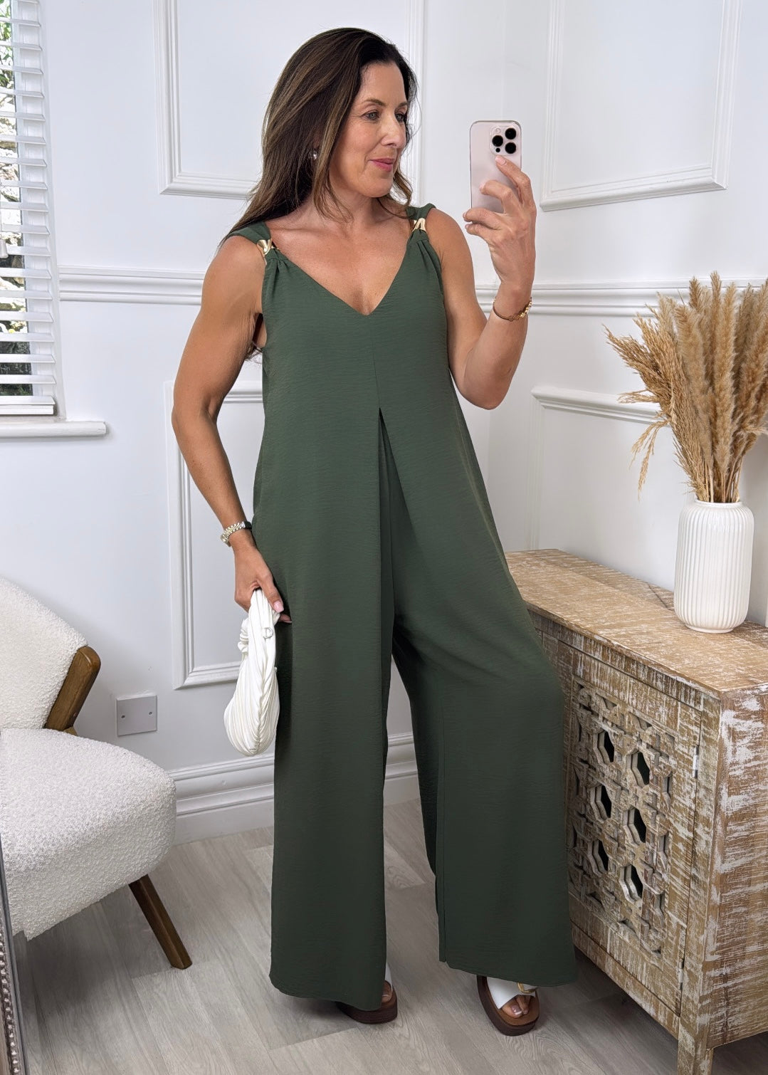 Gina Khaki Gold Shoulder Jumpsuit