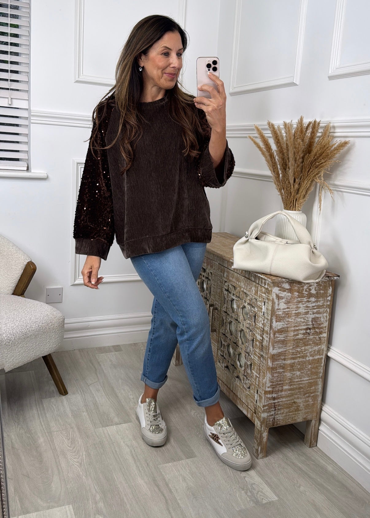 Stacy Brown Sequin Sleeve Top