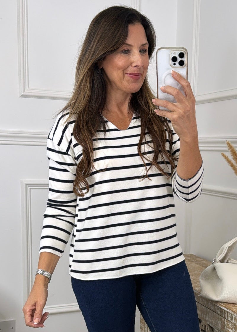 Raya Navy Striped V Neck Top