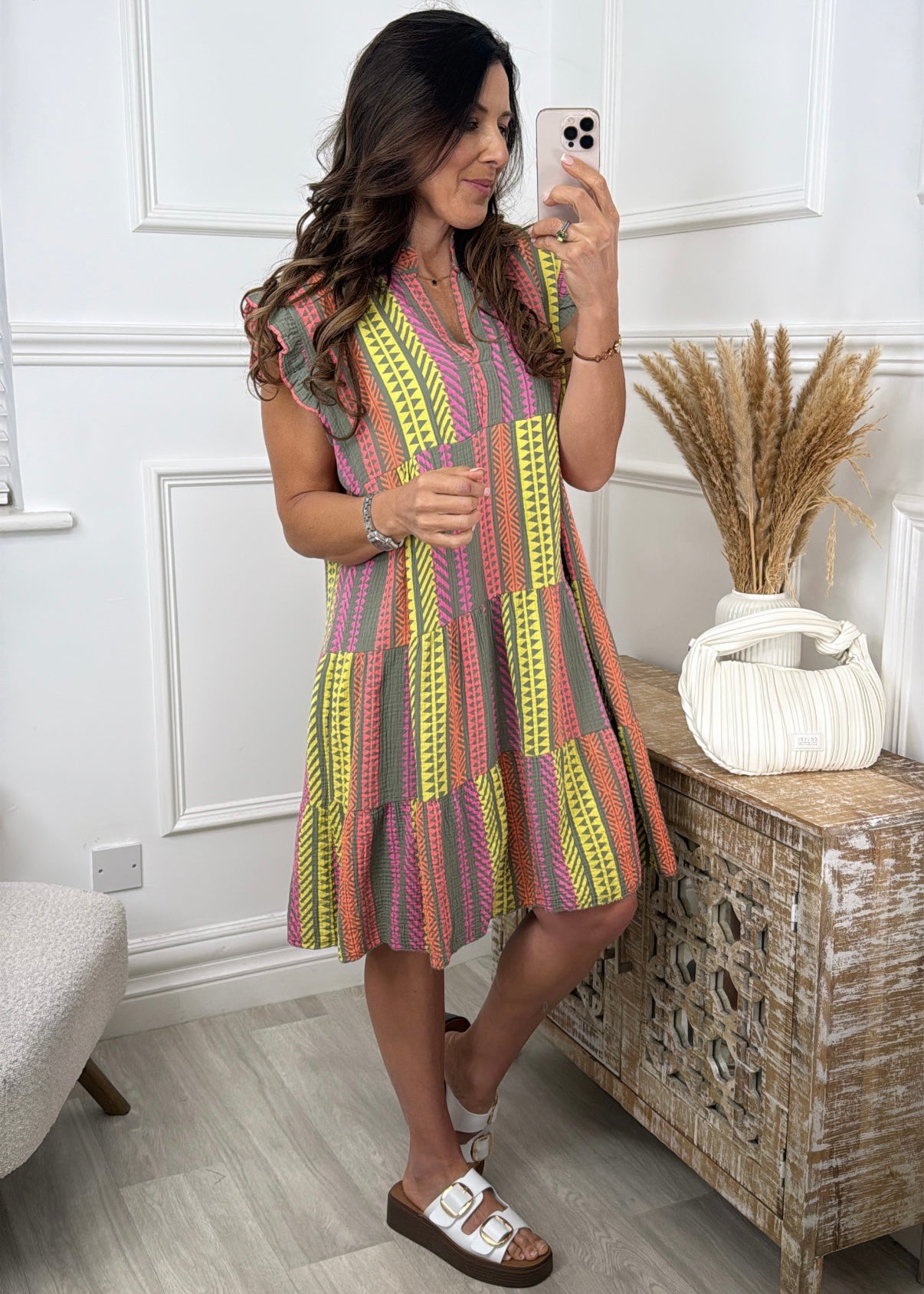 Maud Khaki Striped Smock Midi Dress