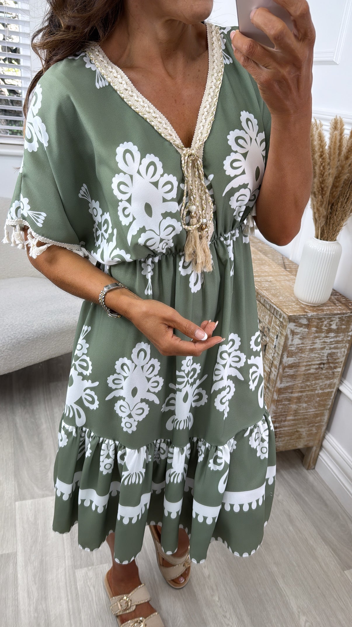 Ginny Khaki Ethnic Print Caftan Dress