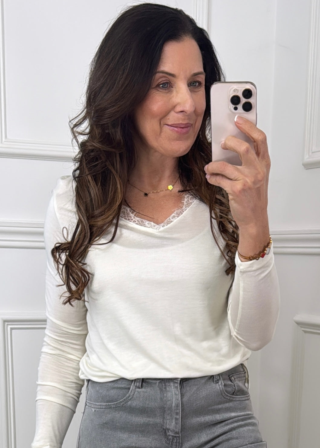 Leni Offwhite Lace Trim Neck  Top