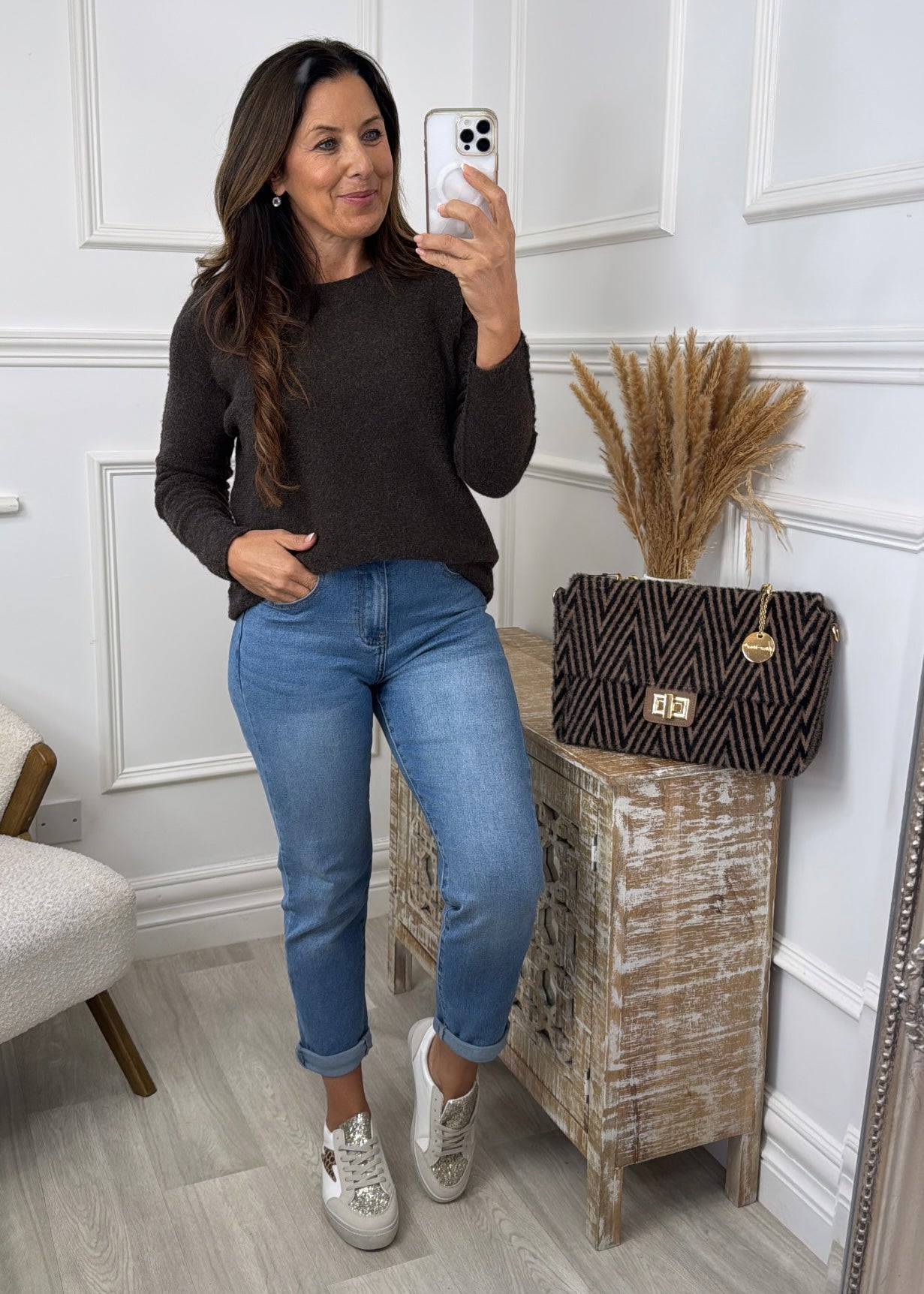 Honor Brown Wide Neck Knit Jumper