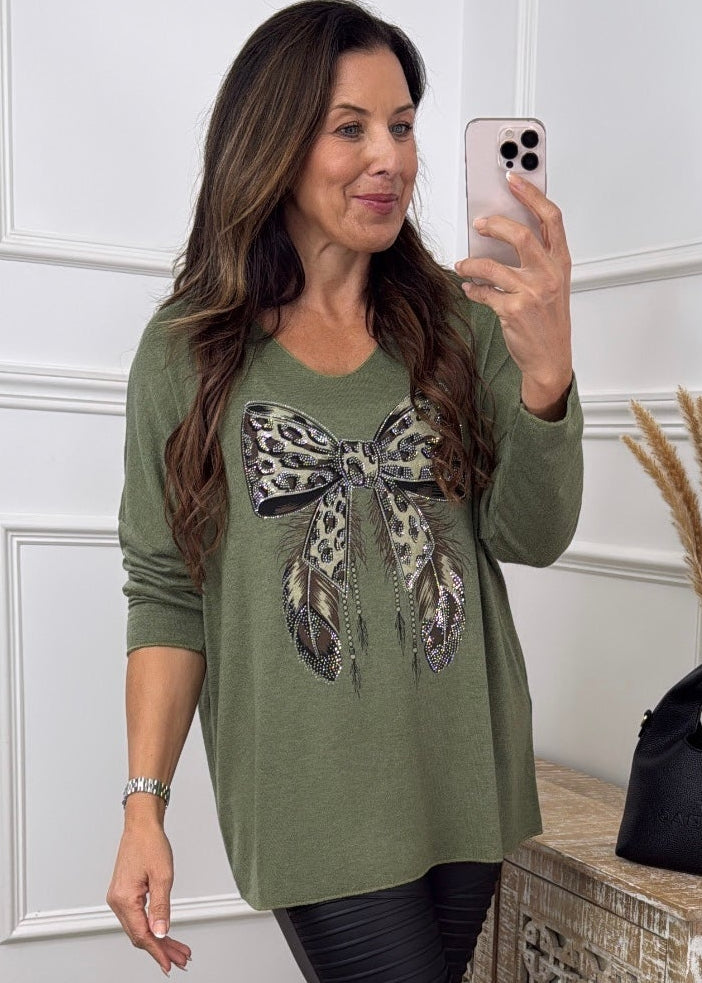 Barbara Khaki Leopard Bow Design Knit