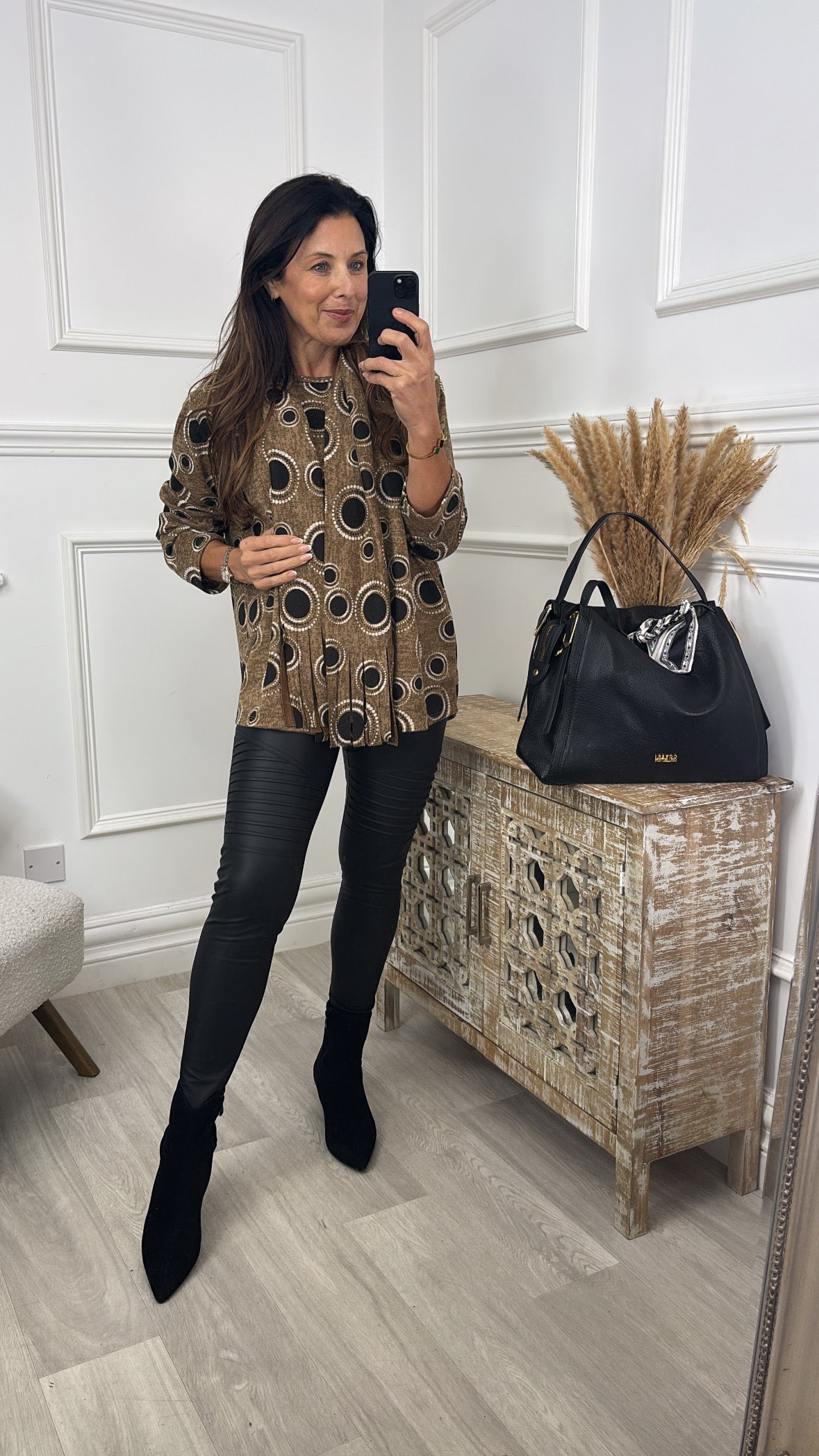 Jane Camel Circle Print Top with Scarf