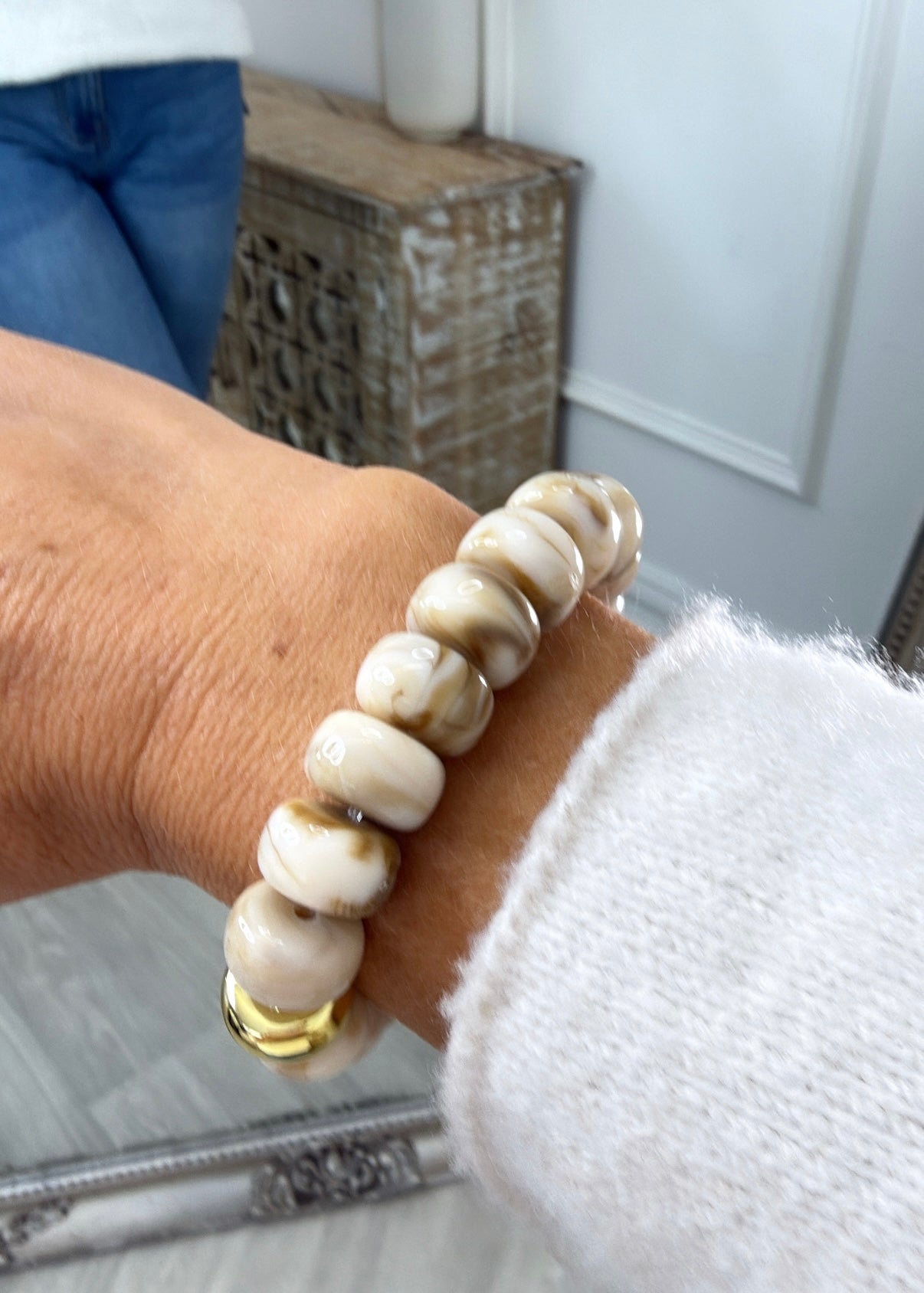 Liana Marbled Beige Beads Stretch Bracelet
