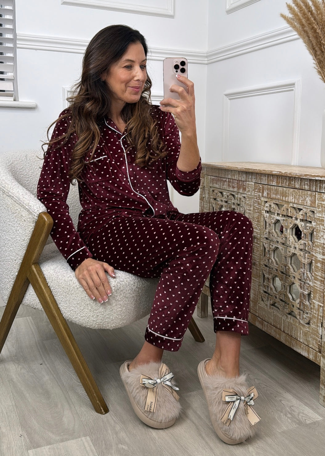 Lilah Wine Heart Print Velour Pajama
