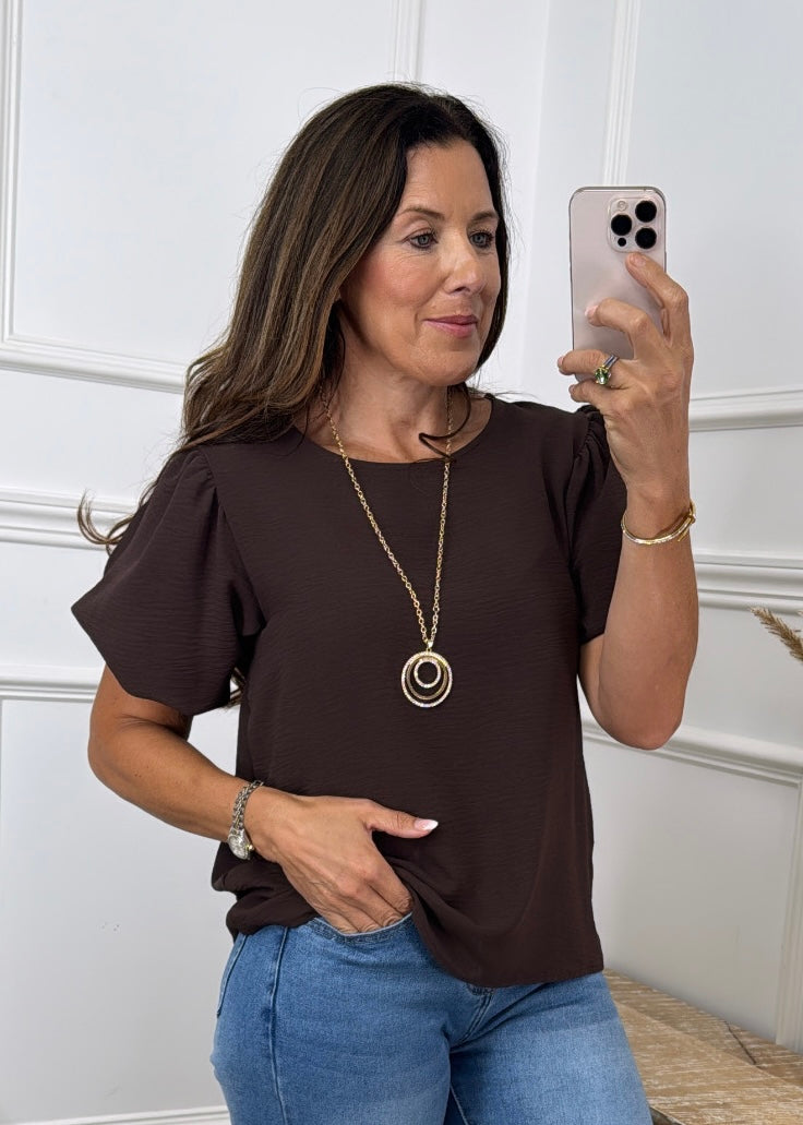 🖤Pre Order🖤 Shelly Brown Balloon Sleeve Top with Necklace