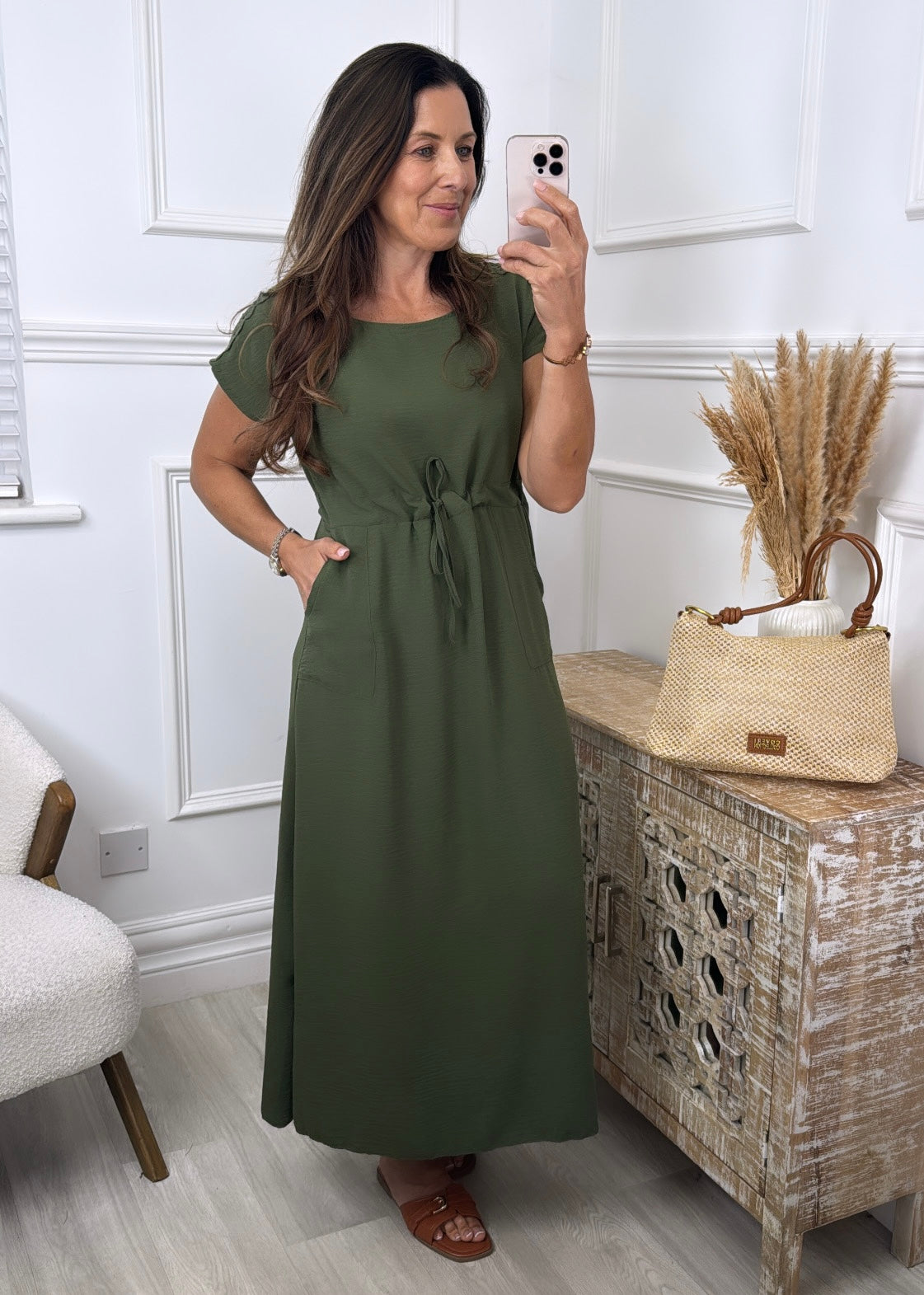 Sienna Khaki Crochet Detail Midi Dress