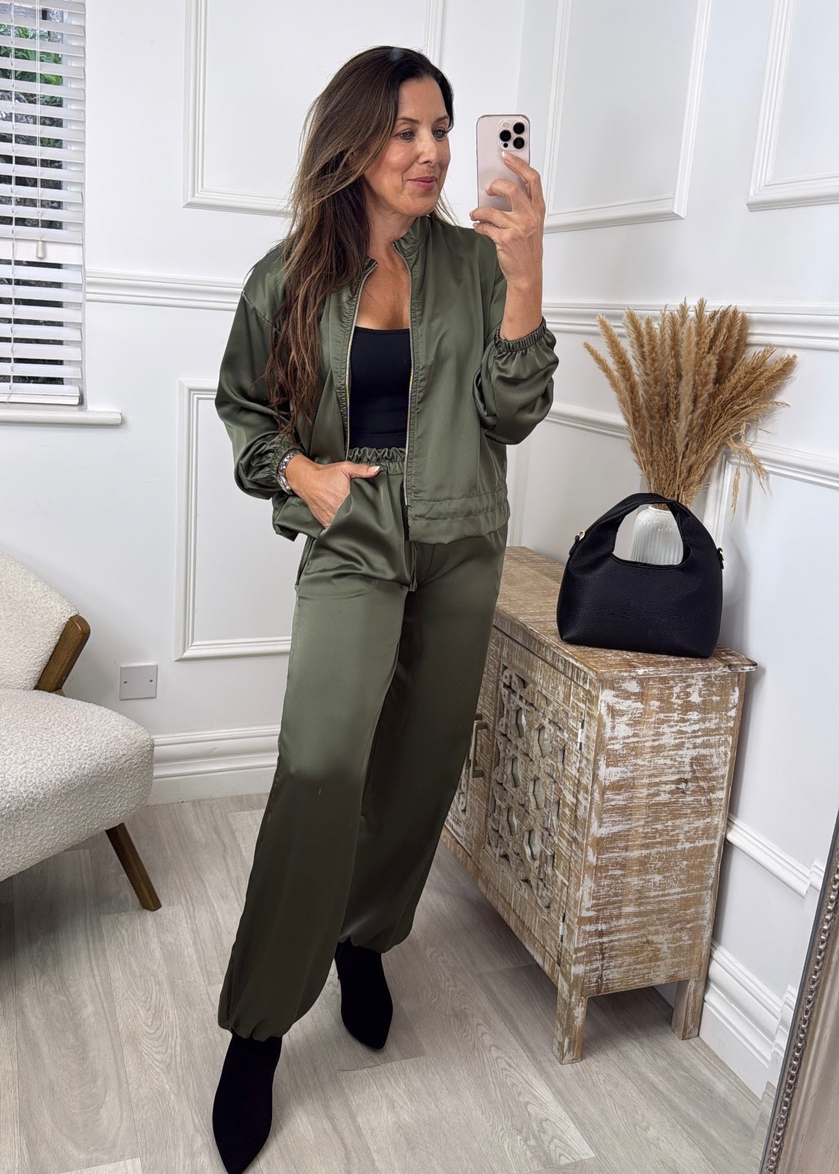 Trina Khaki Satin Zip Bomber