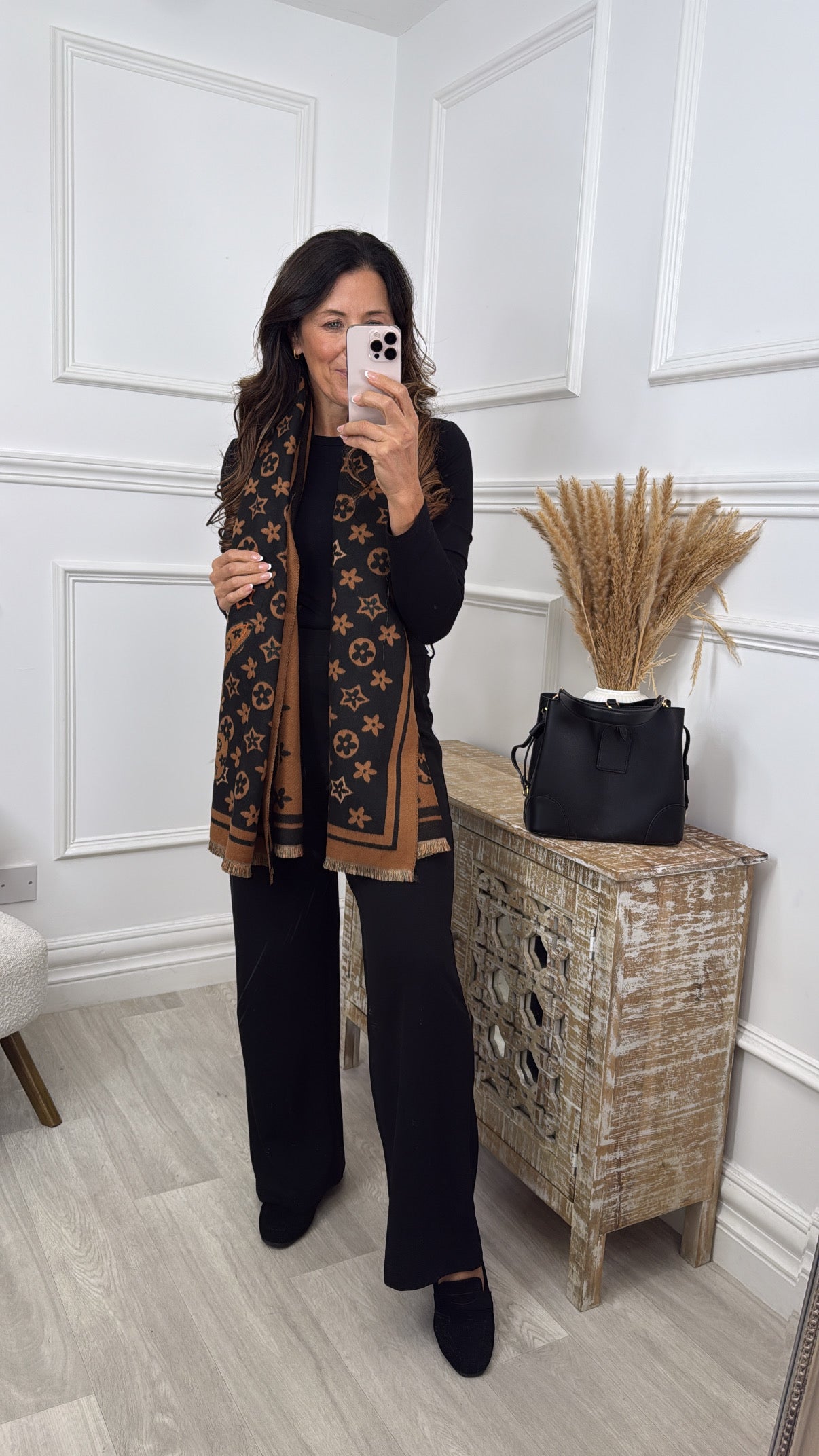 Veronica Coffee And Black Pattern Scarf
