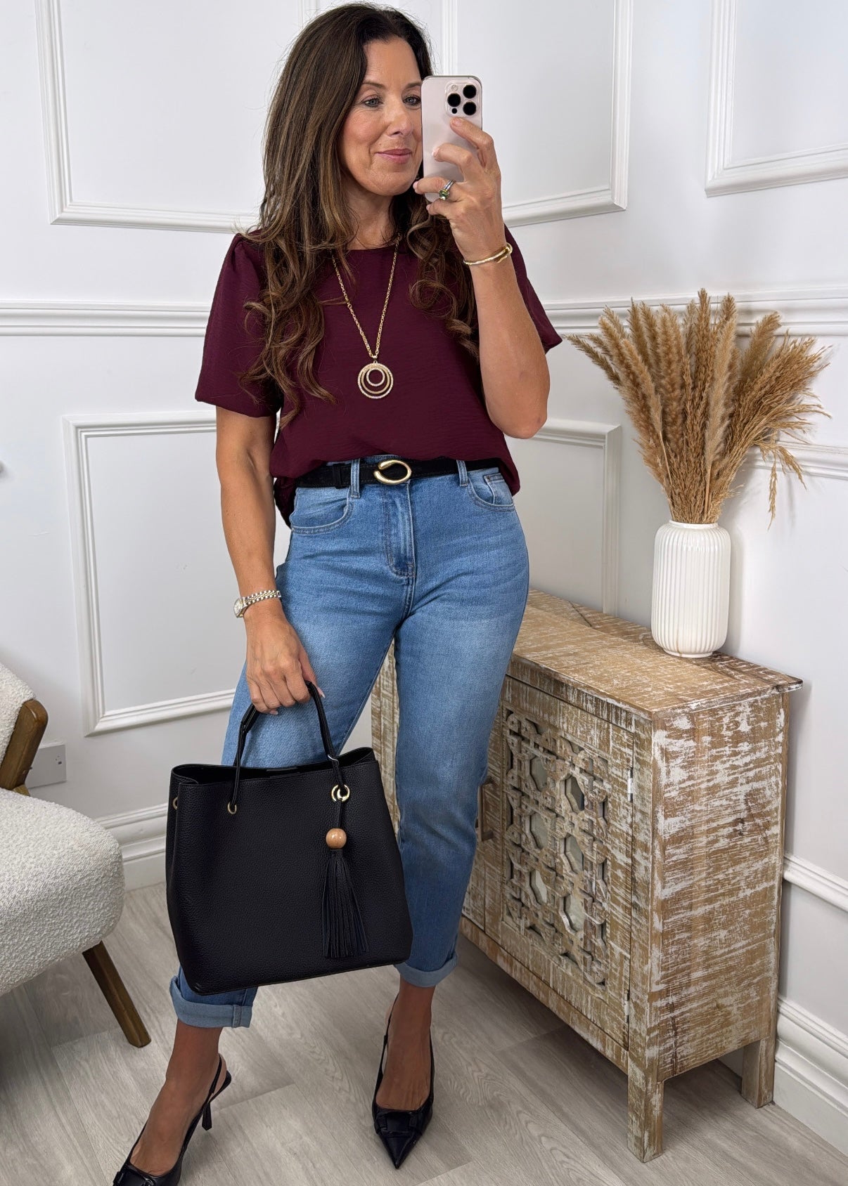 Shelly Wine Balloon Sleeve Top with Necklace