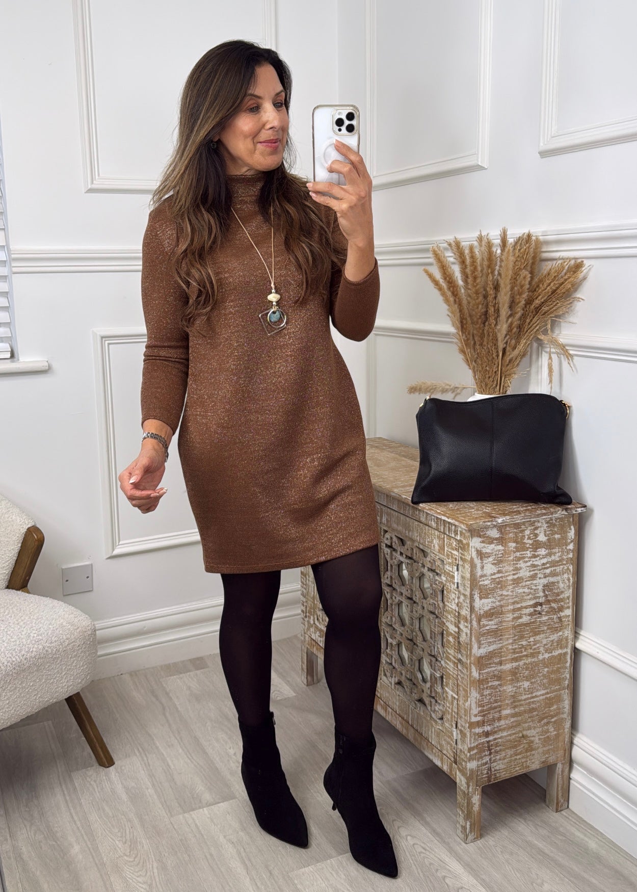 Eira Brown Soft Touch Dress With Necklace