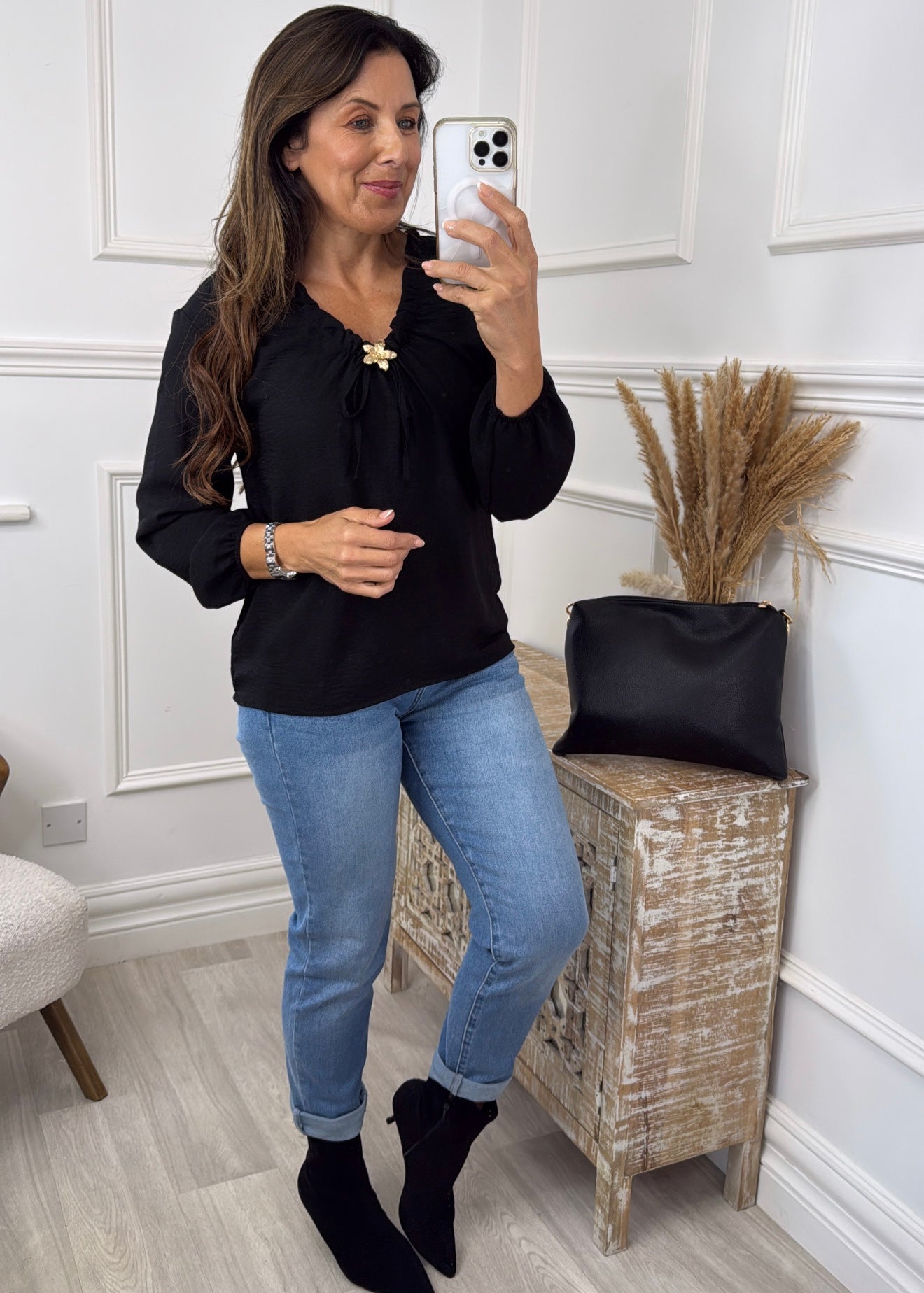 Meadow Black Elasticated Neck Top