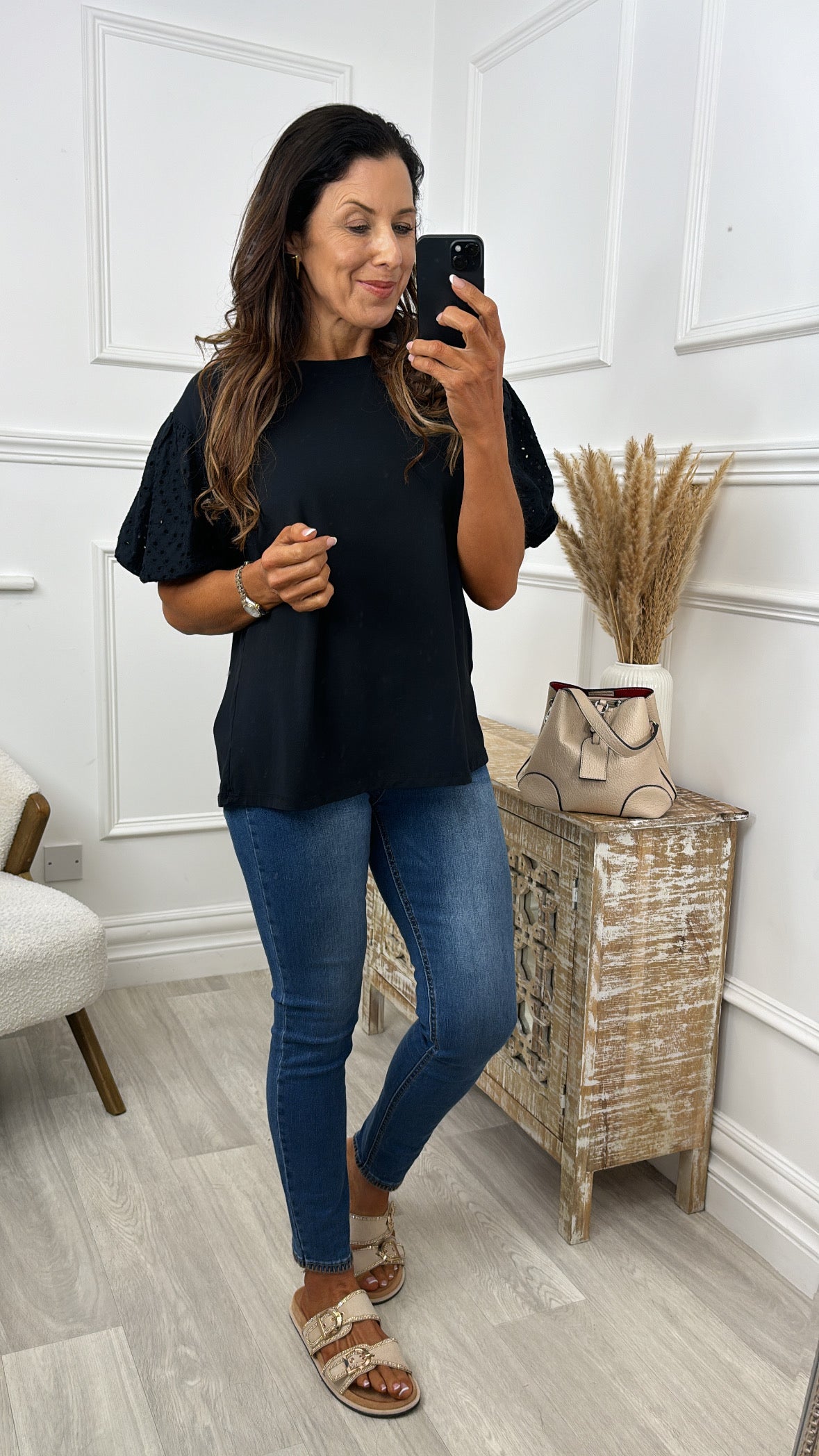 Millie Black Broderie Sleeve Top