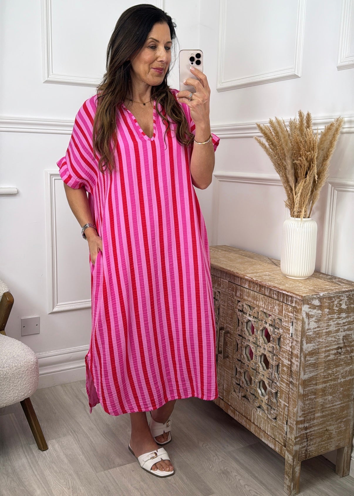 Cameron Red Stripe Cheesecloth Kaftan Dress