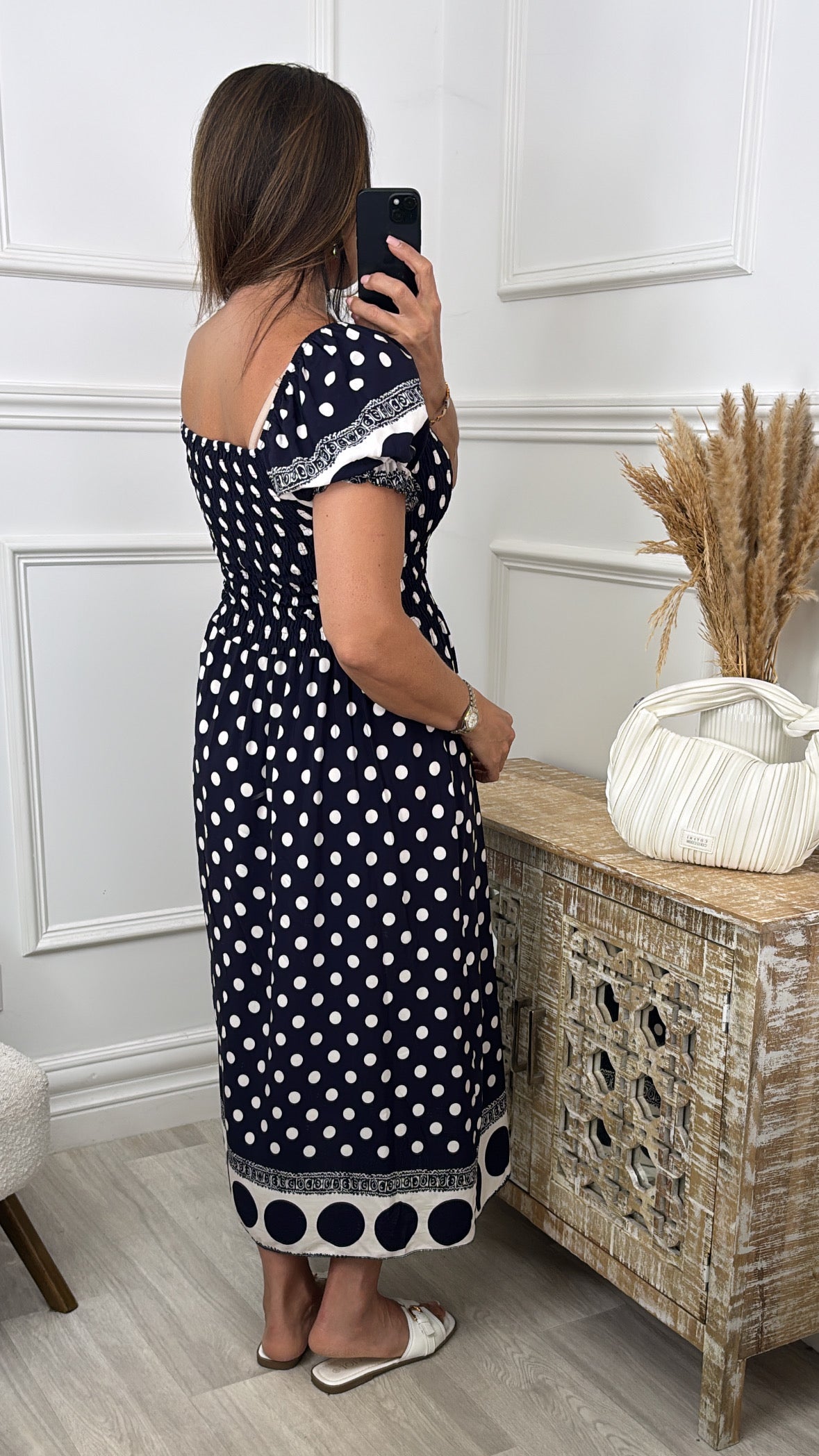Marisse Navy Polka Dot Midi Dress