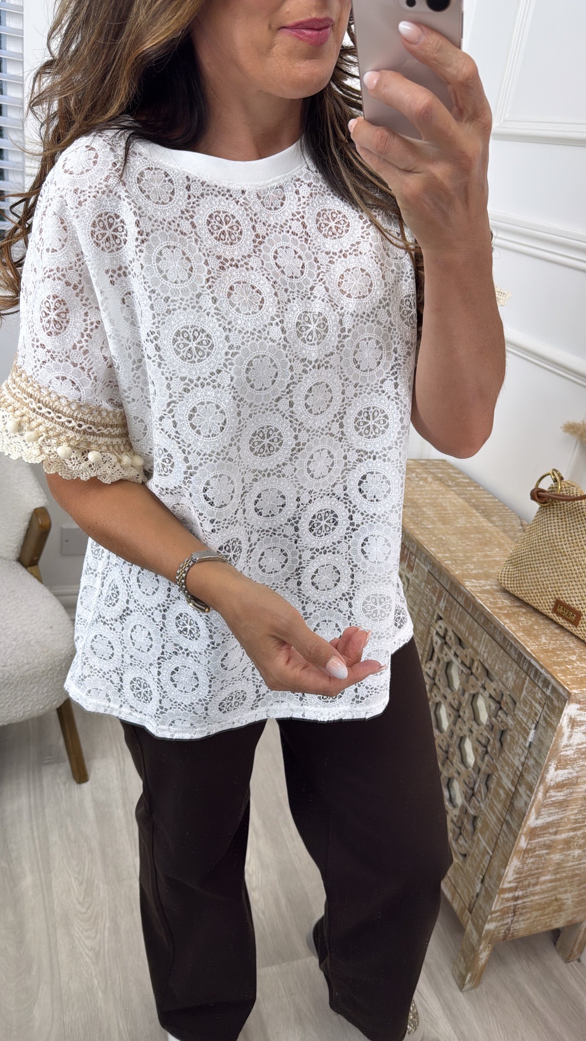 Ellen White Crochet Trim Top