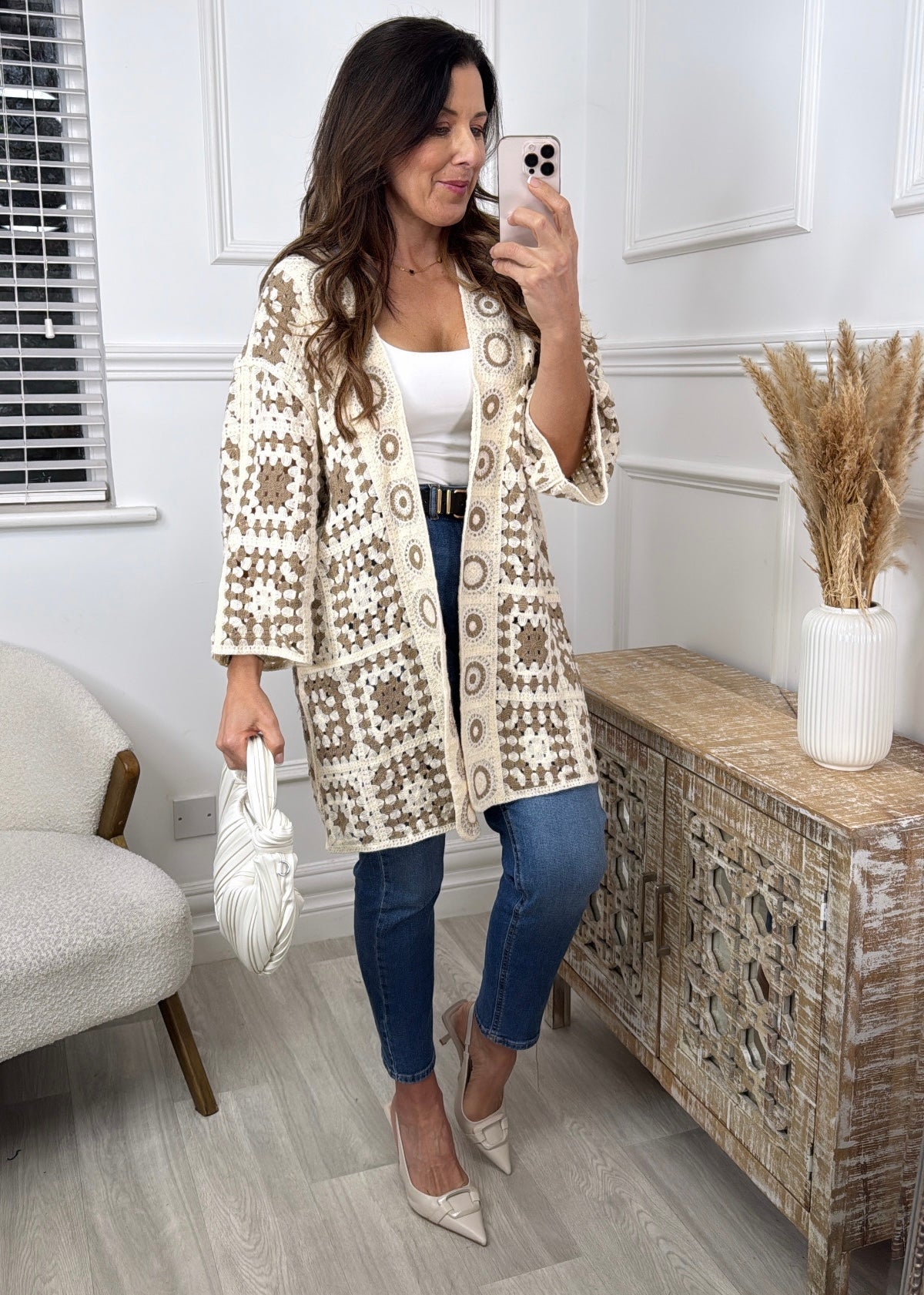 Terri Brown Crochet Knit Longline Cardi