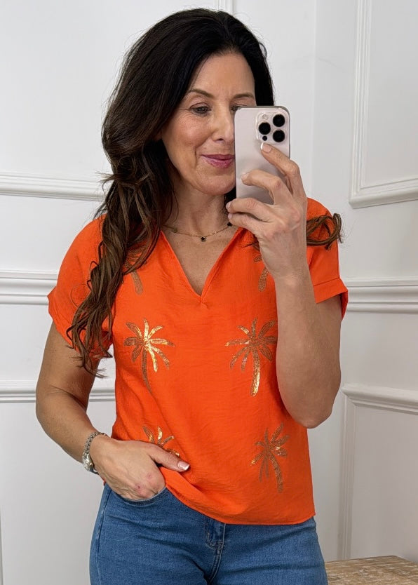 Fergy Orange Palm Print Top