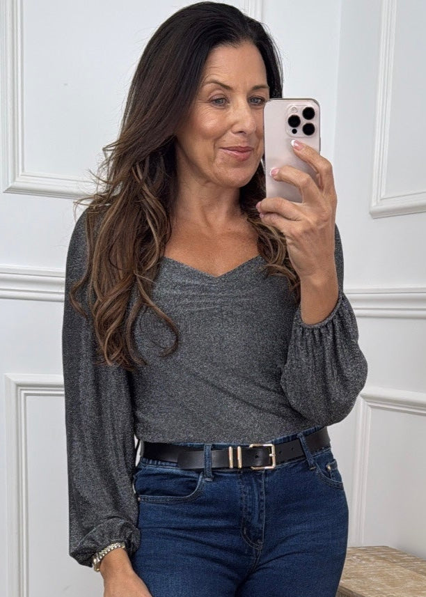 Theodora Silver Sweetheart Neck Top